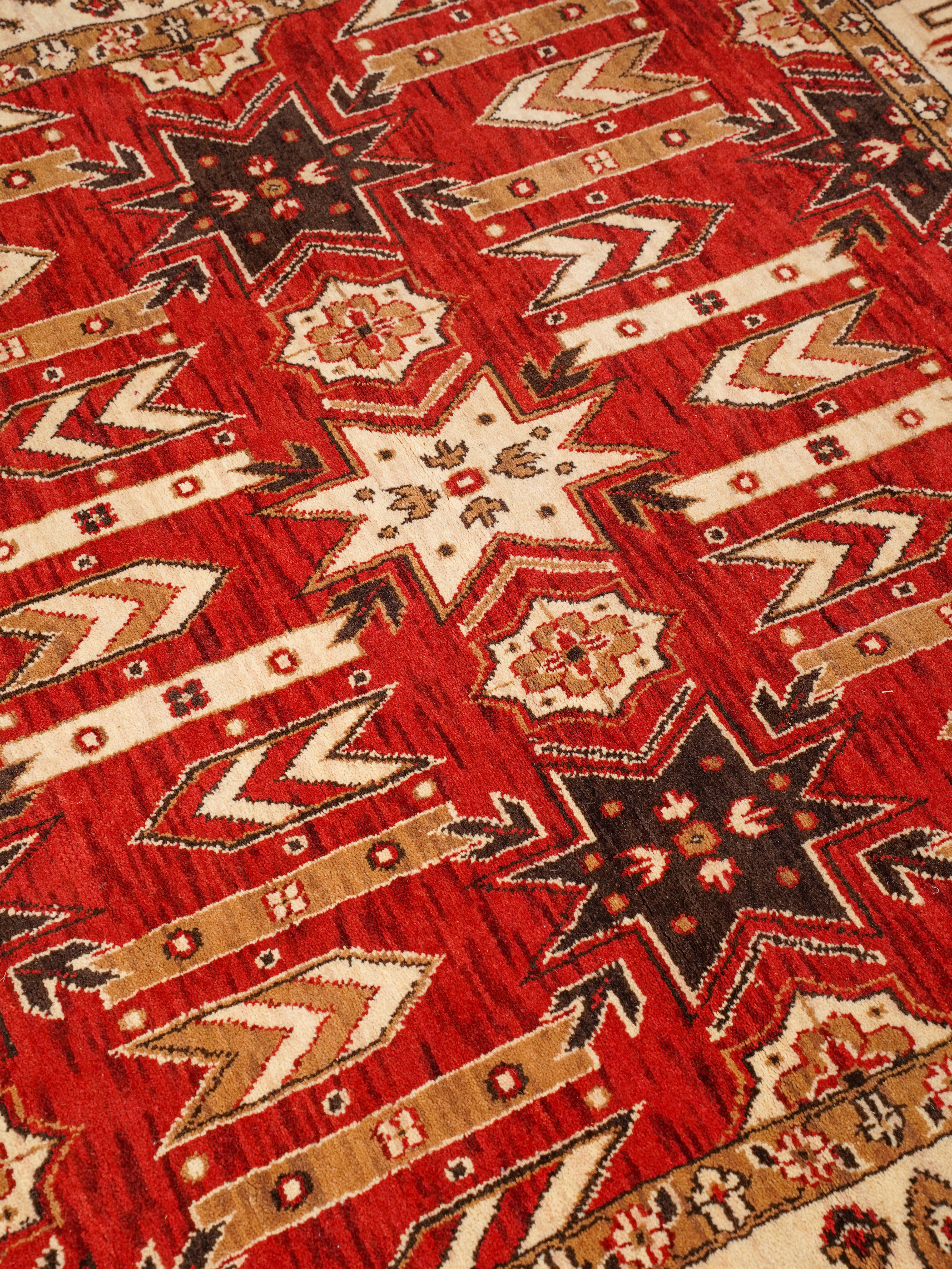 Hand-Knotted Red and Cream Wool Oriental Area Rug with Tribal Geometric Pattern
