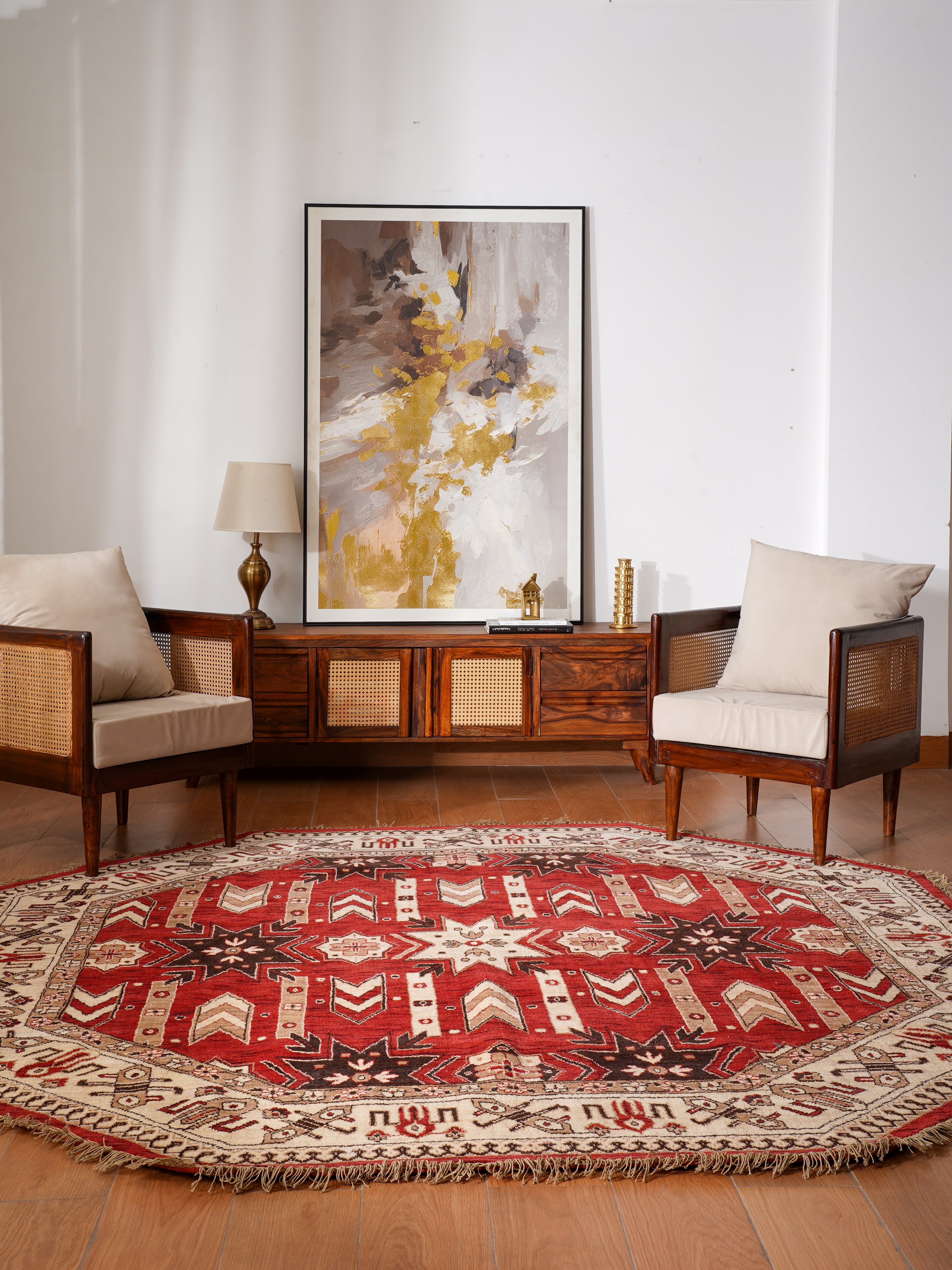 Hand-Knotted Red and Cream Wool Oriental Area Rug with Tribal Geometric Pattern