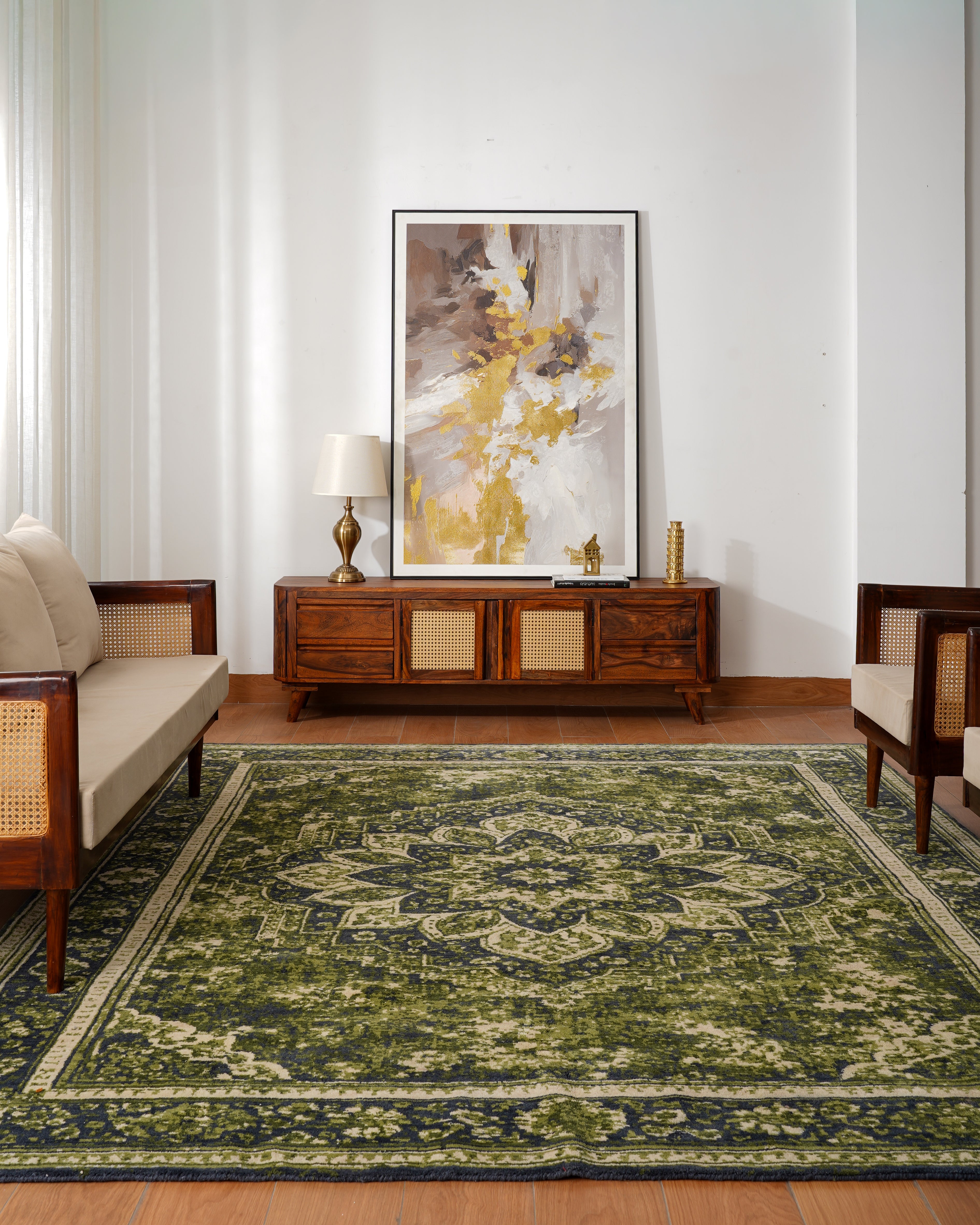 Hand-Knotted Light Green Wool Oriental Area Rug with Distressed Floral Medallion Pattern