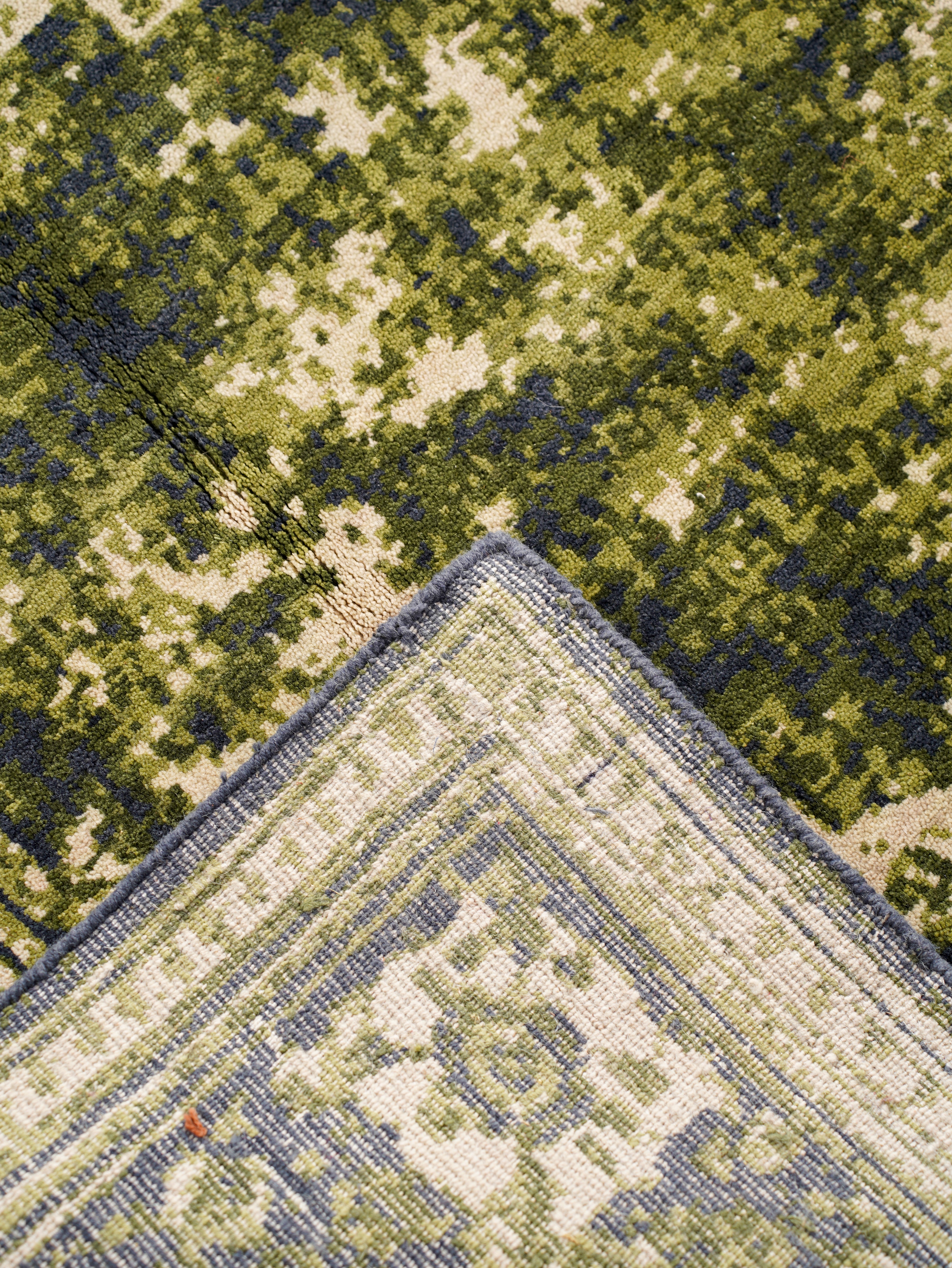 Hand-Knotted Light Green Wool Oriental Area Rug with Distressed Floral Medallion Pattern
