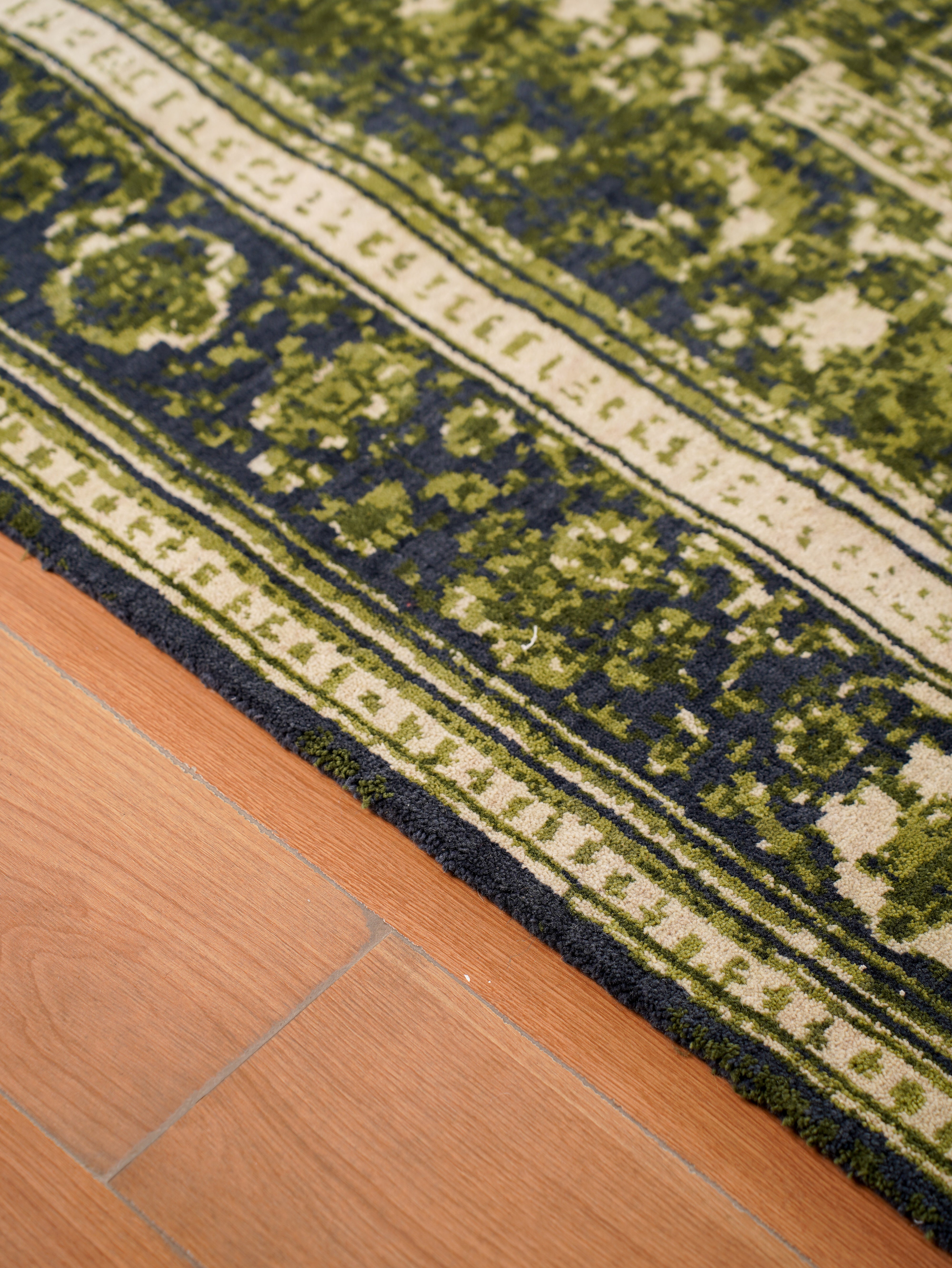 Hand-Knotted Light Green Wool Oriental Area Rug with Distressed Floral Medallion Pattern