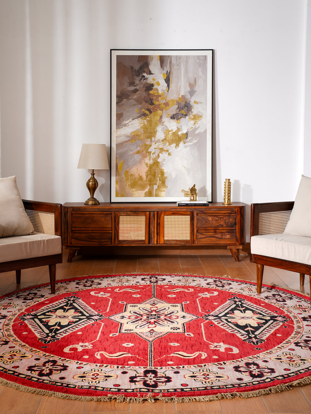 Hand-Knotted Red and Beige Wool Oriental Area Rug with Tribal Medallion Pattern