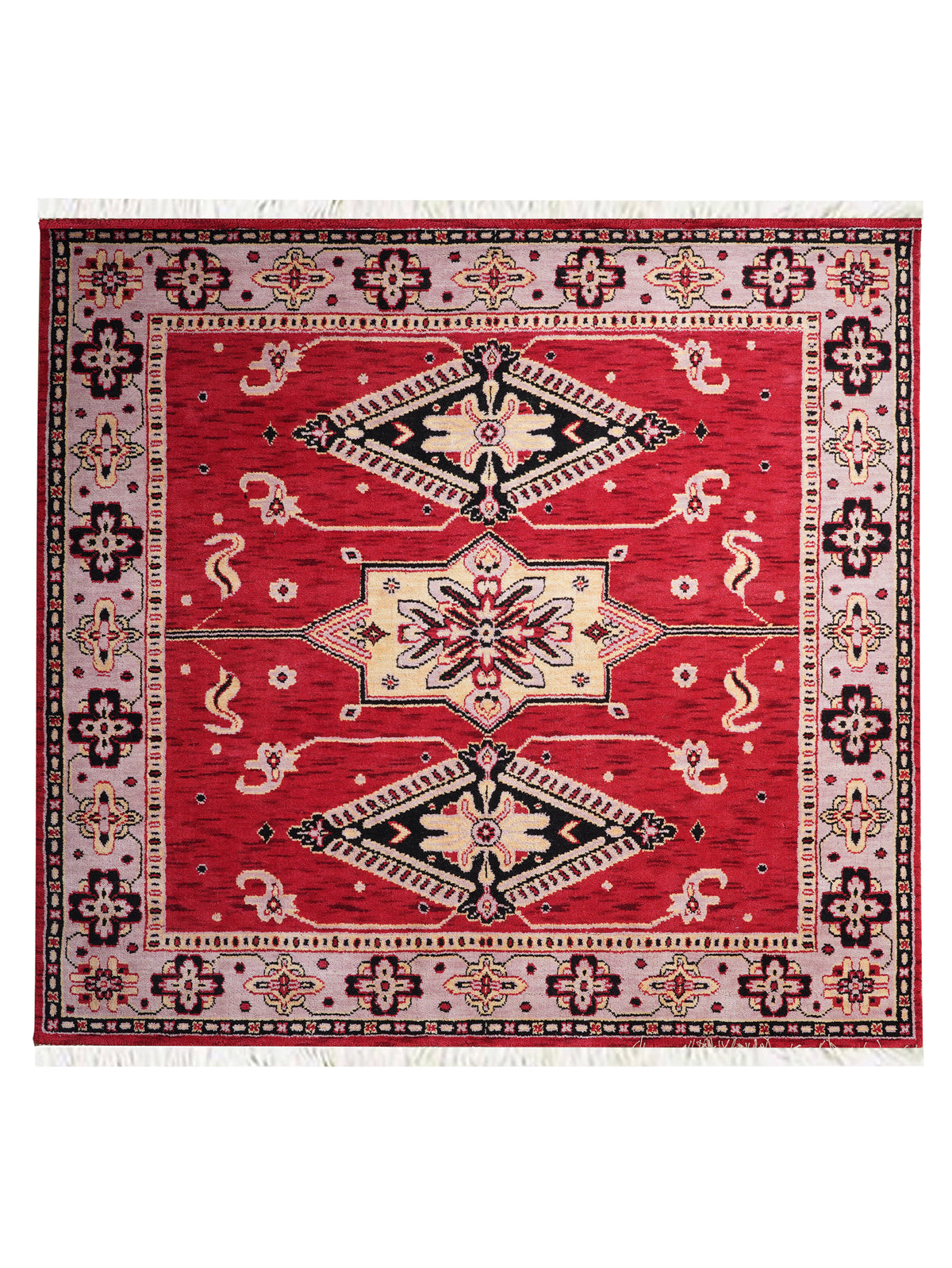 Hand-Knotted Red and Beige Wool Oriental Area Rug with Tribal Medallion Pattern