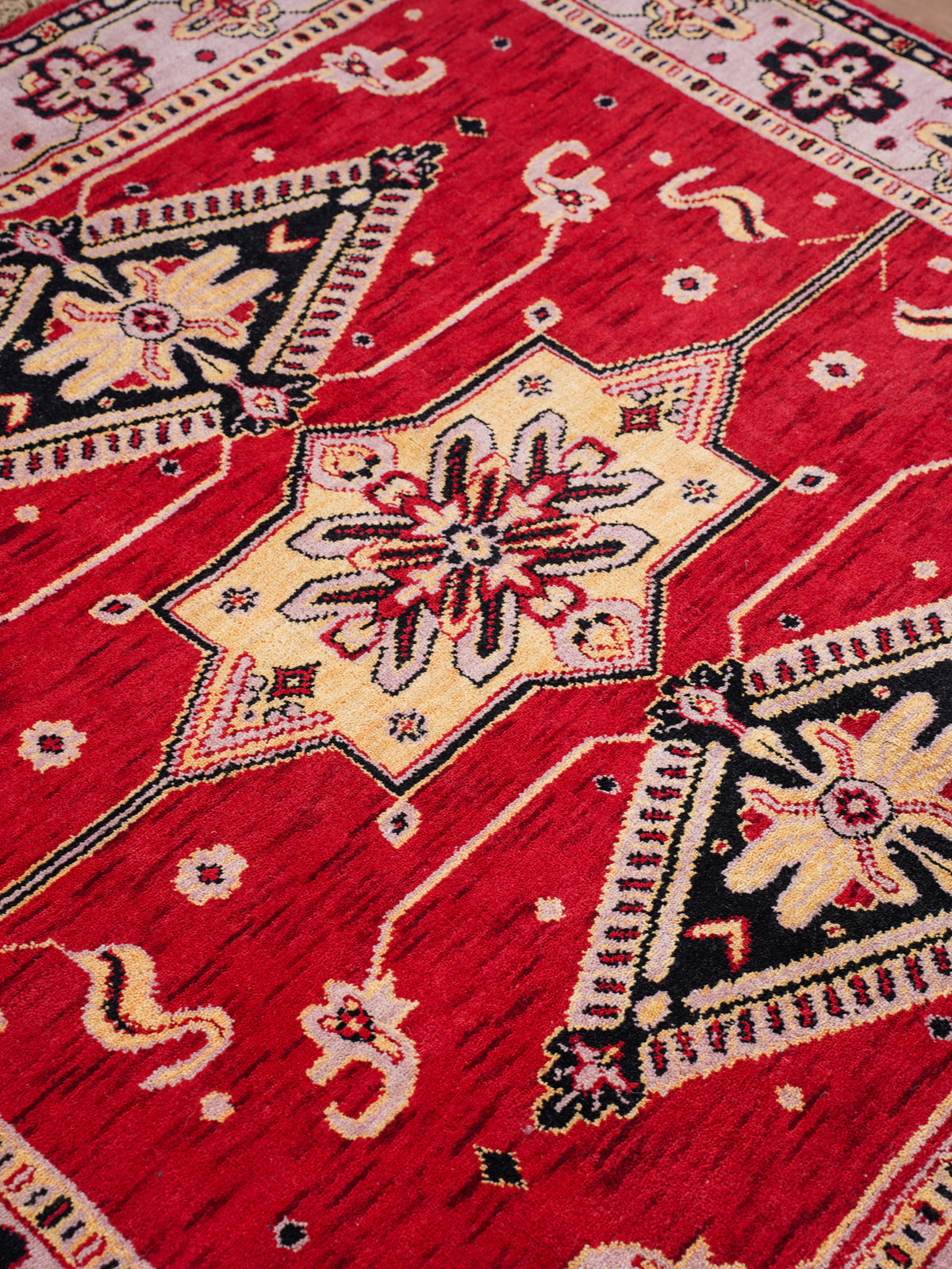 Hand-Knotted Red and Beige Wool Oriental Area Rug with Tribal Medallion Pattern