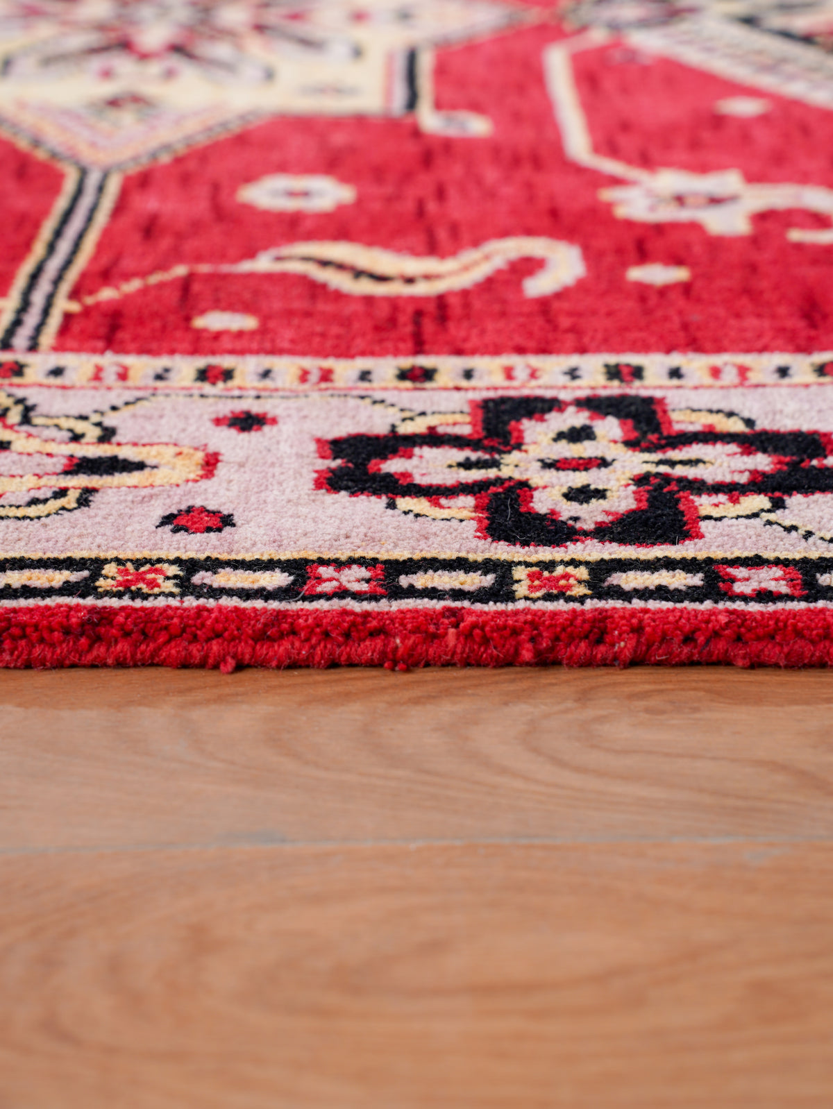 Hand-Knotted Red and Beige Wool Oriental Area Rug with Tribal Medallion Pattern