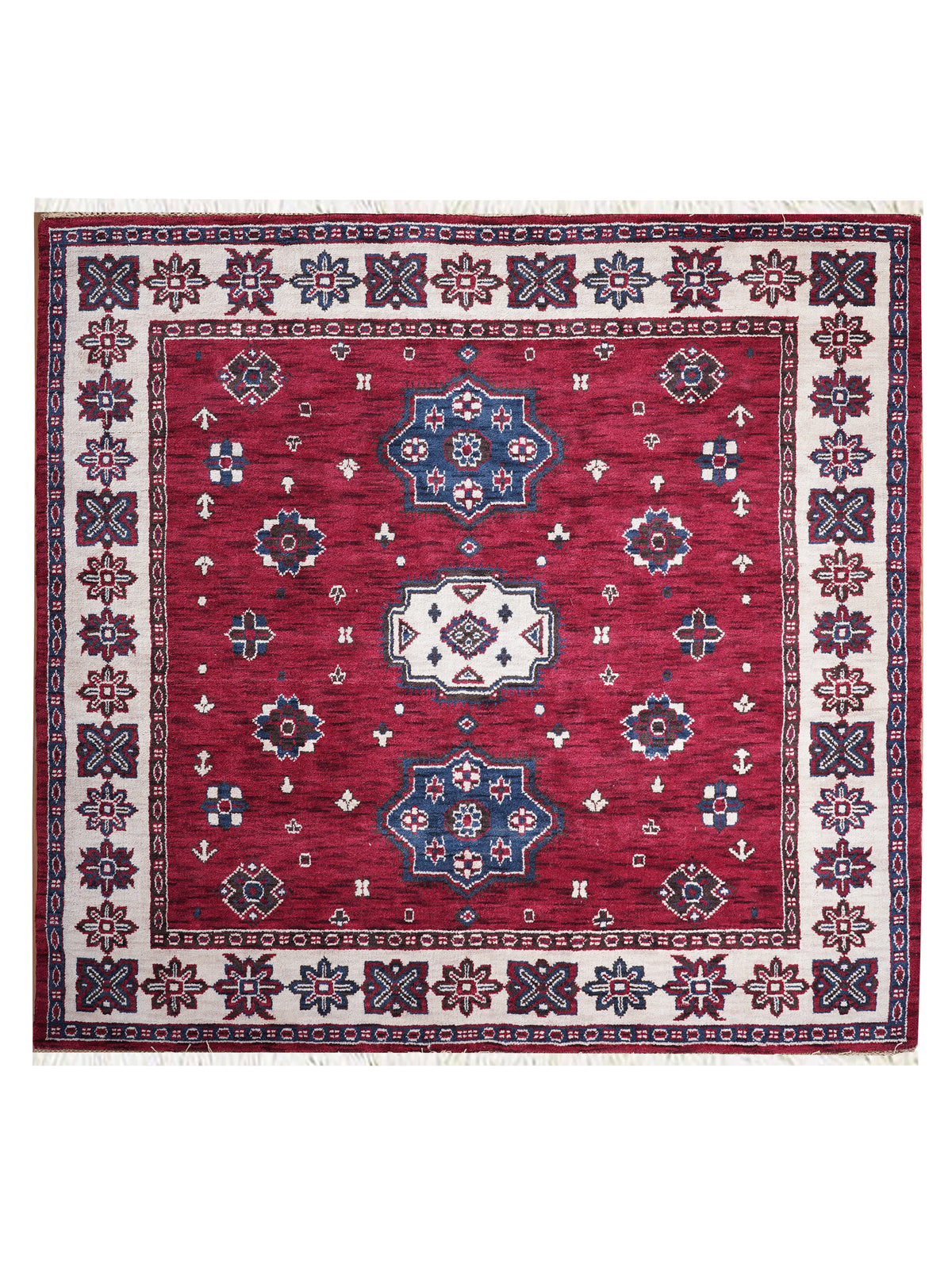 Hand-Knotted Red and Cream Wool Oriental Area Rug