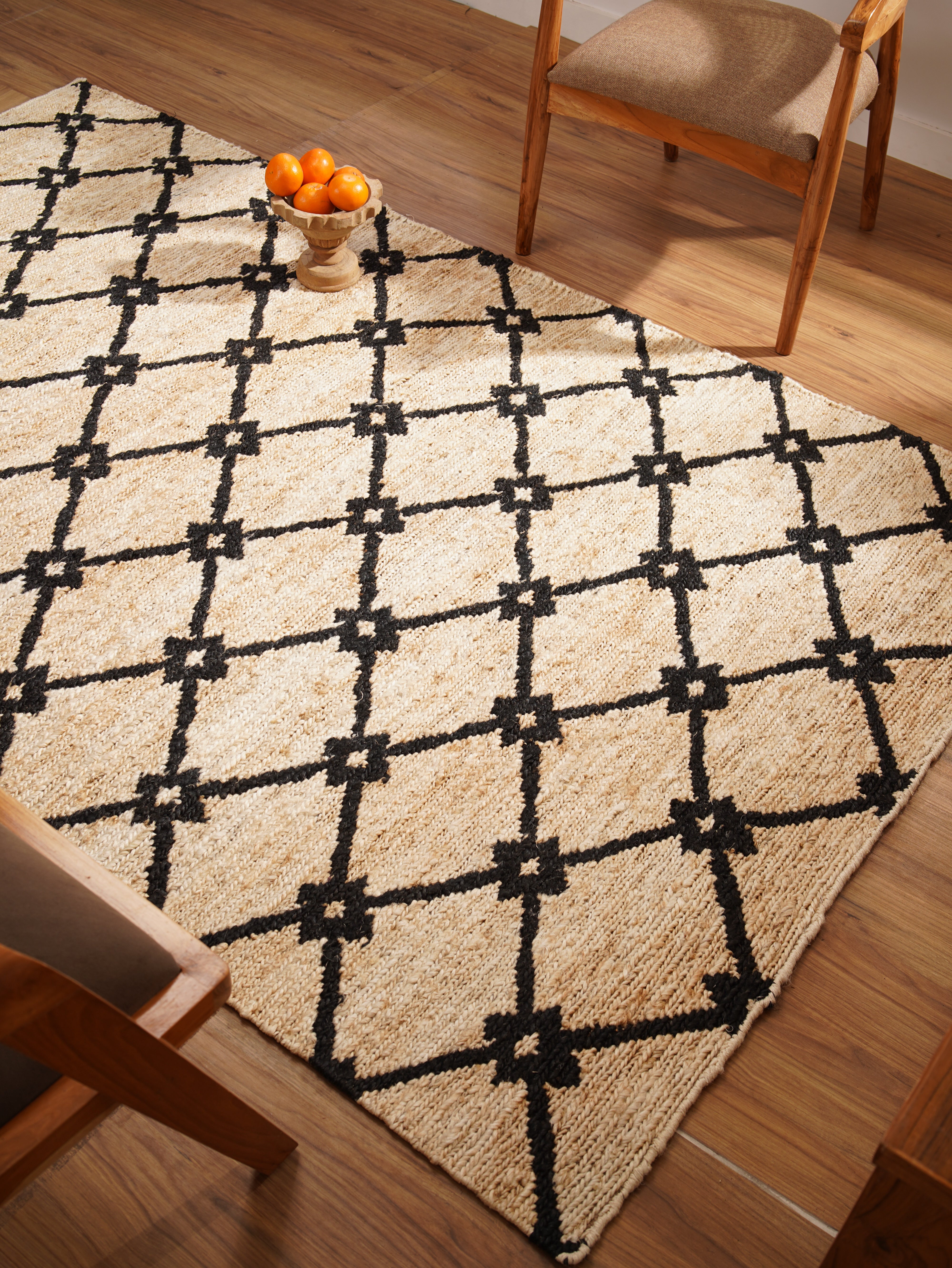Beige Black Hand Woven Jute Rug