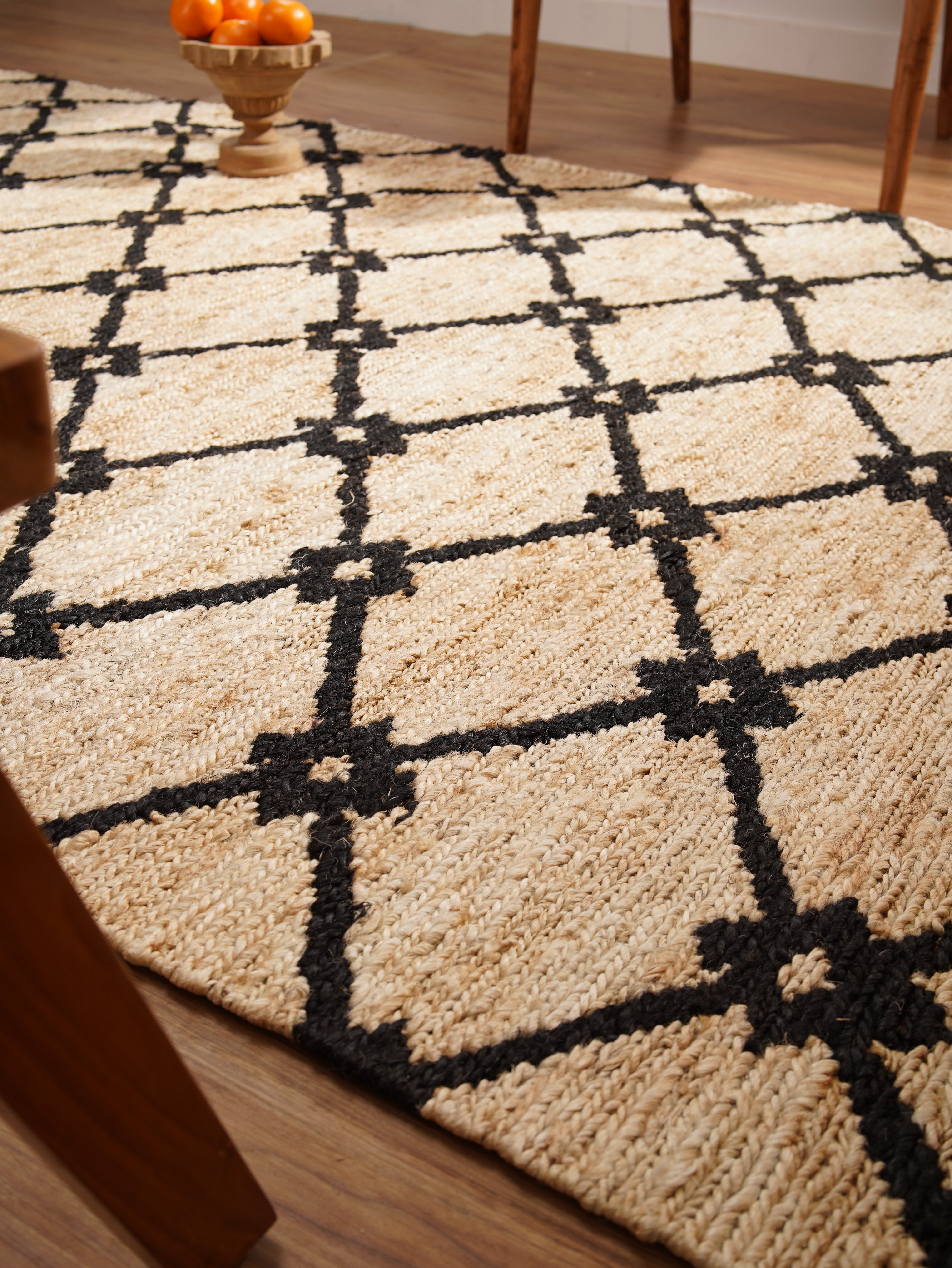Beige Black Hand Woven Jute Rug