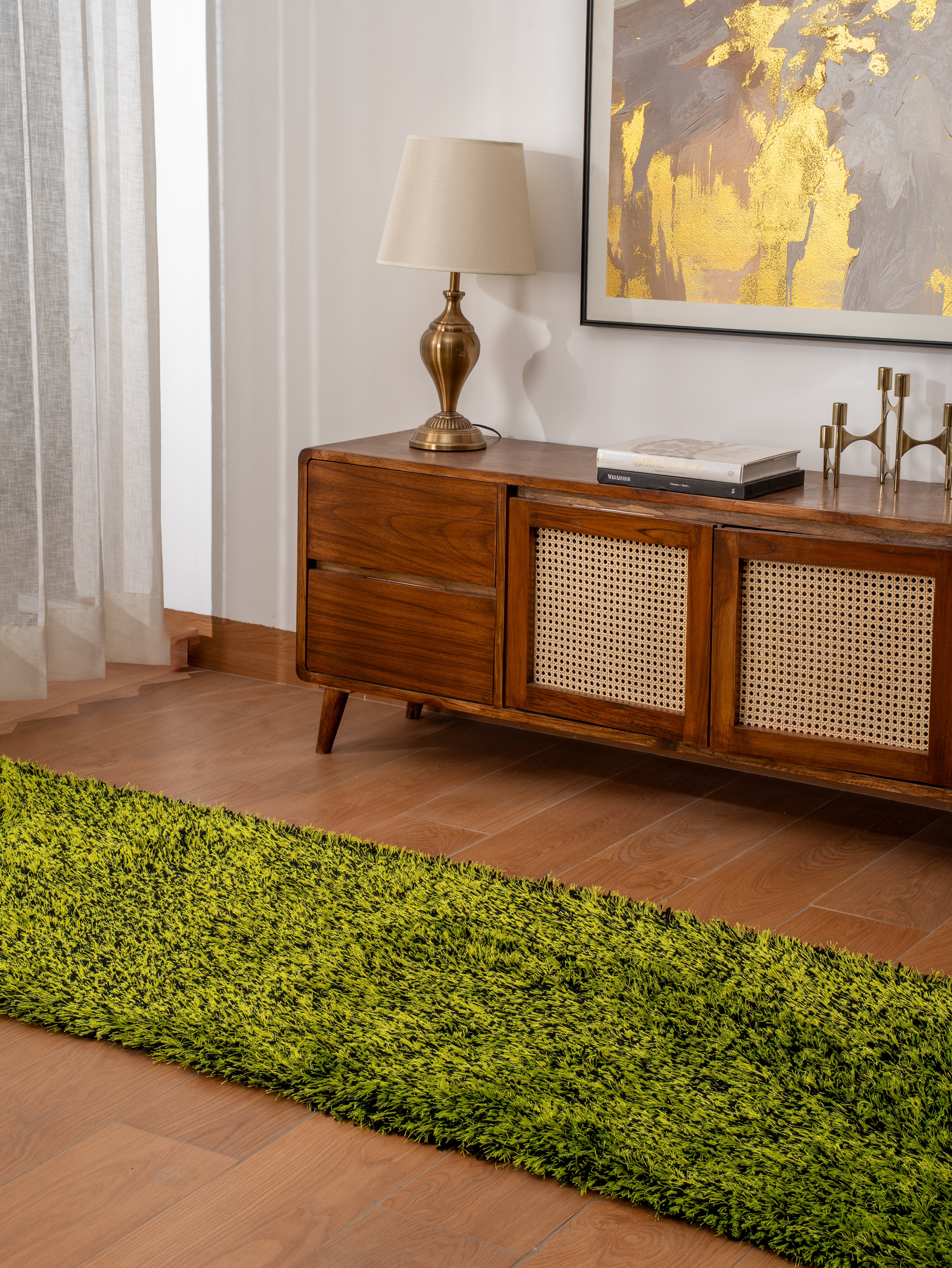 Solid Green Shag Polyester Area Rug