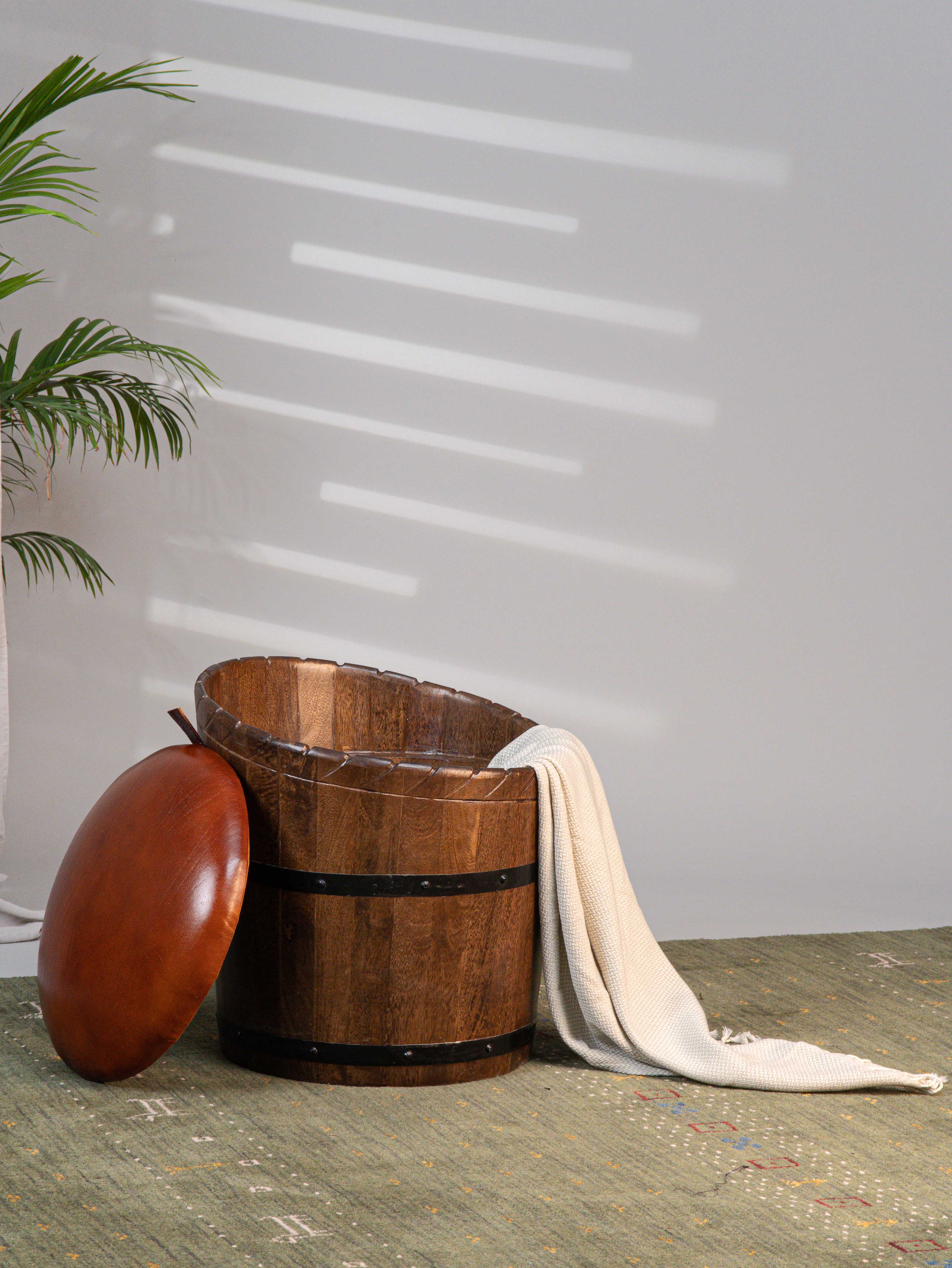 The Cask Hideaway – Round Mango Wood Storage Ottoman with Leather Cushion