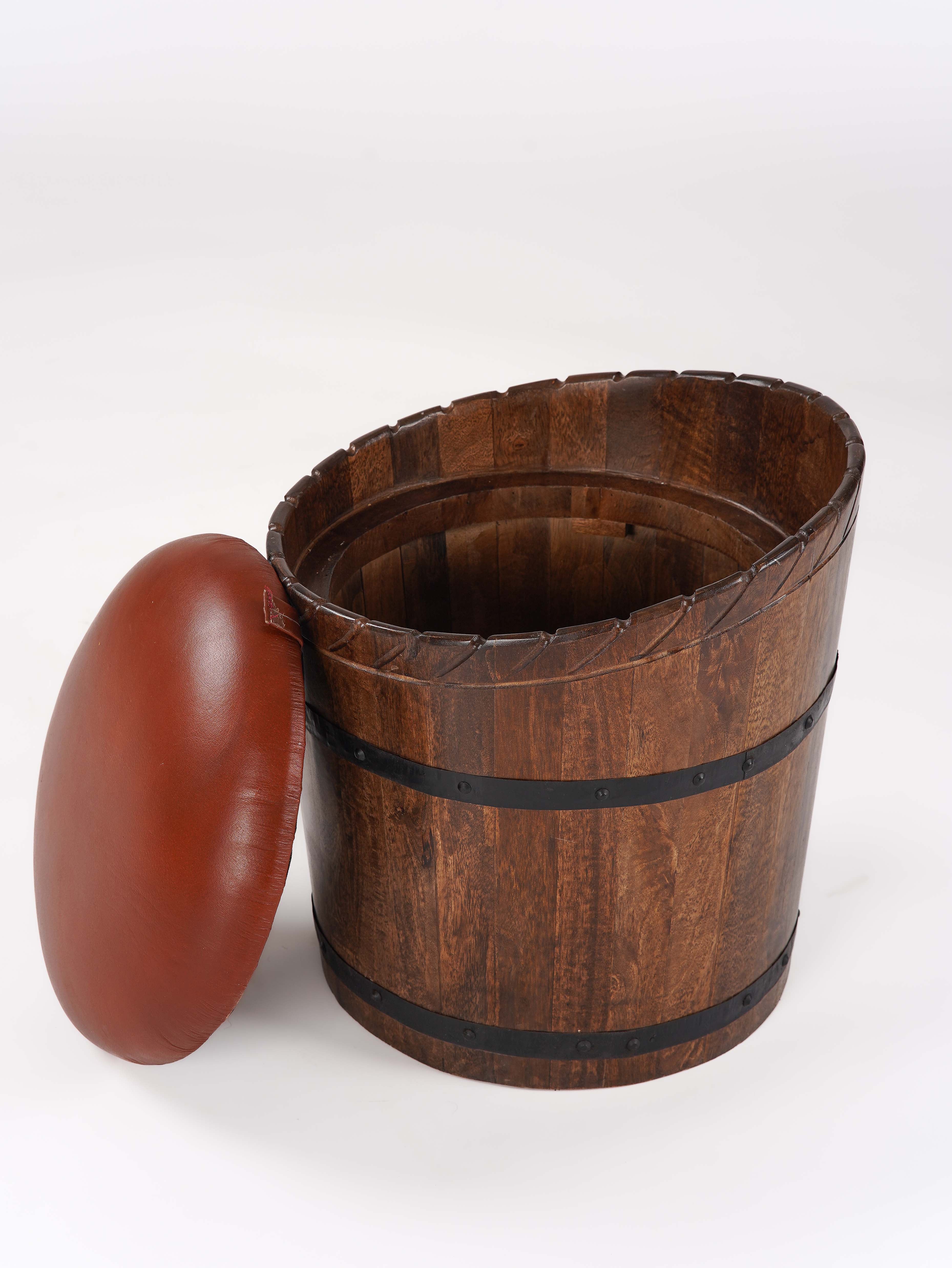 The Cask Hideaway – Round Mango Wood Storage Ottoman with Leather Cushion