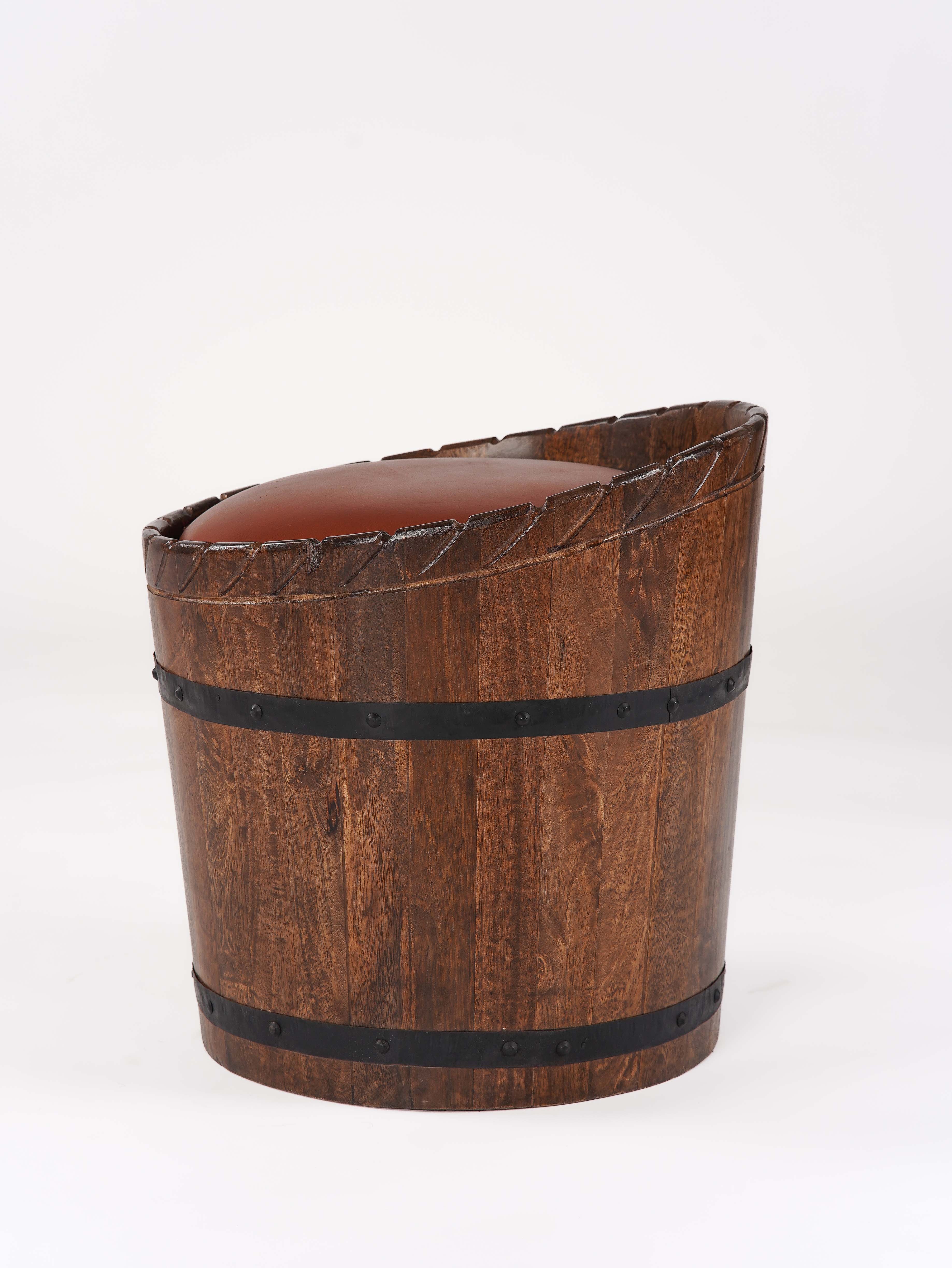 The Cask Hideaway – Round Mango Wood Storage Ottoman with Leather Cushion