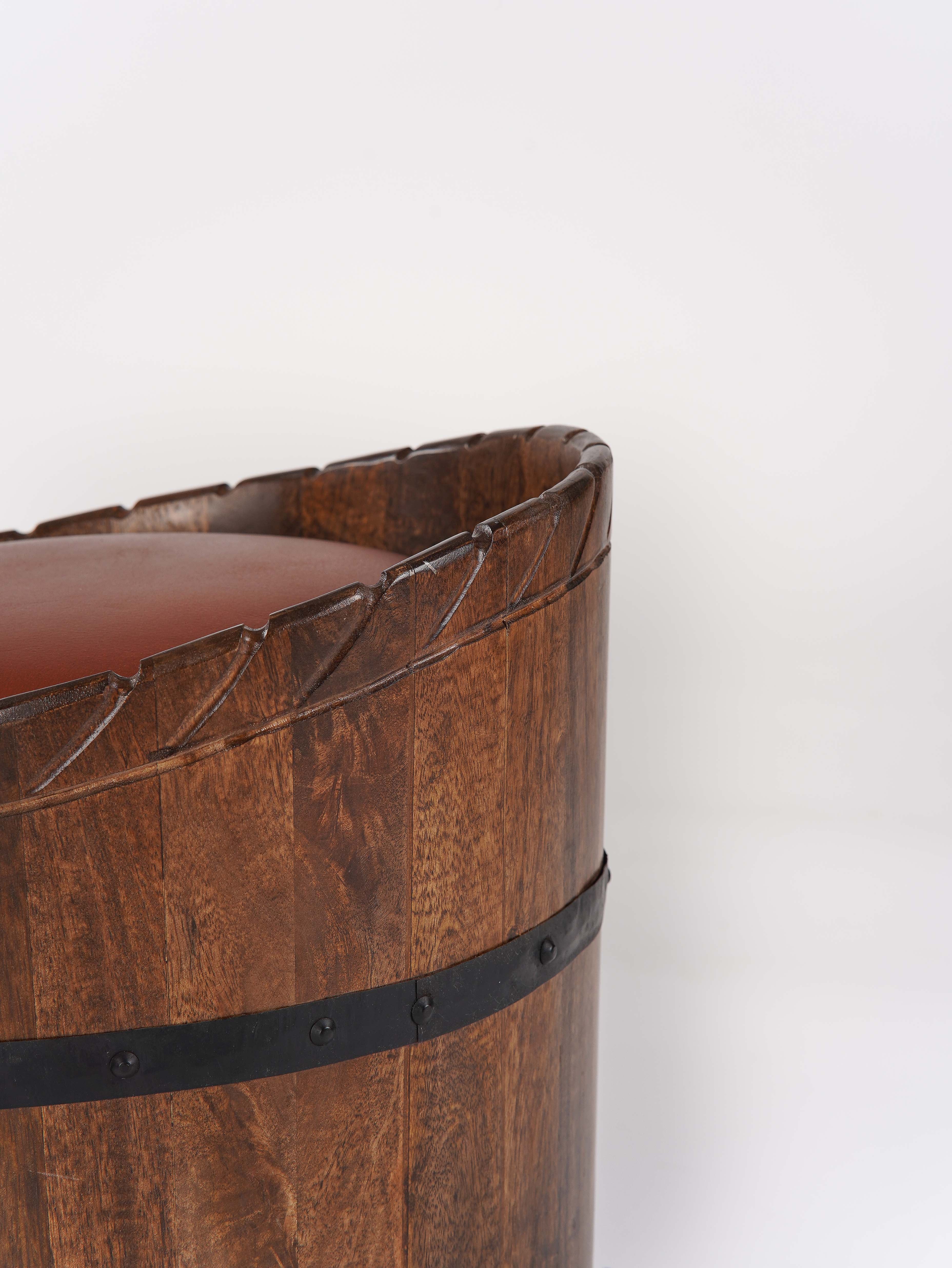 The Cask Hideaway – Round Mango Wood Storage Ottoman with Leather Cushion