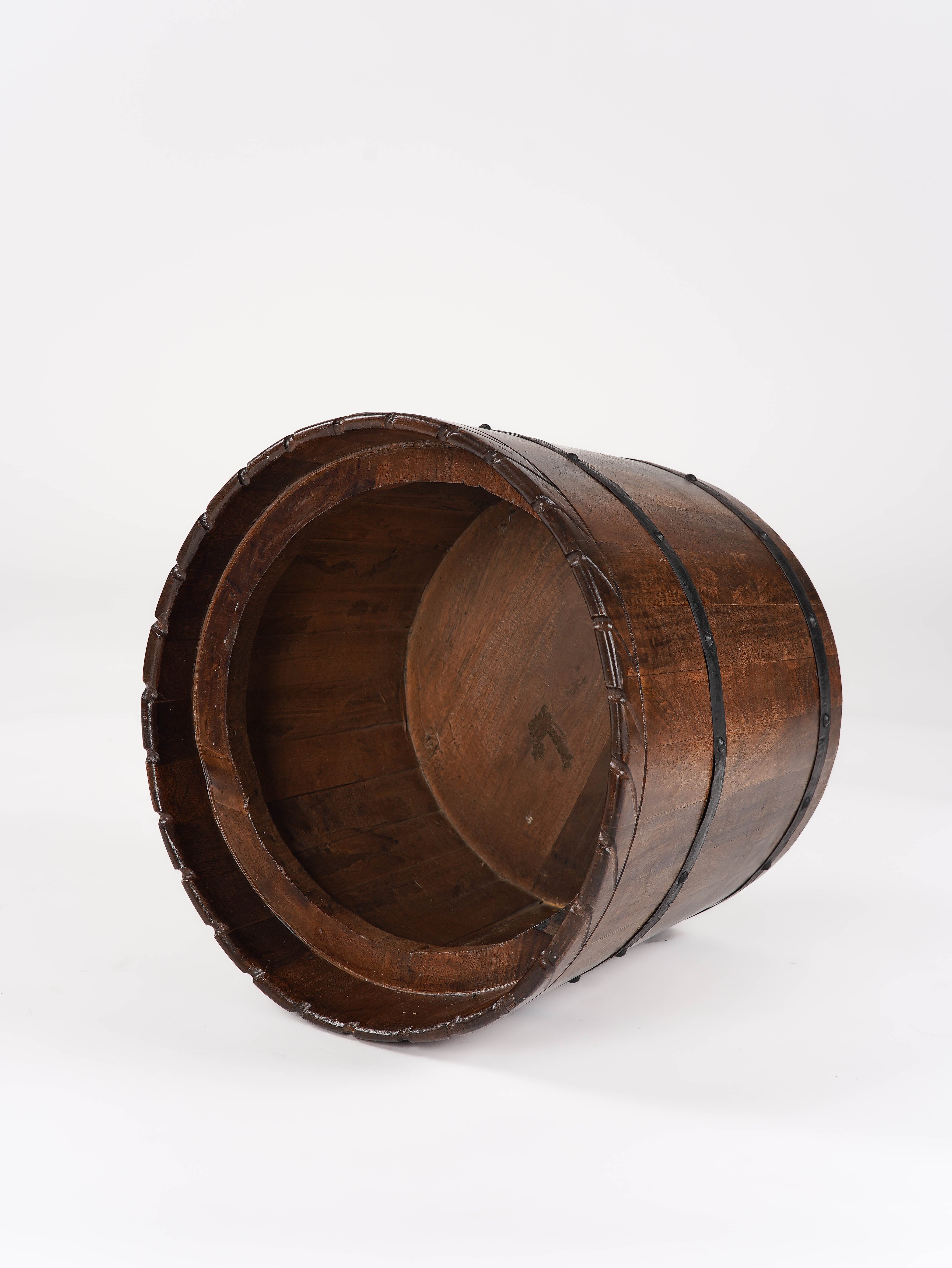 The Cask Hideaway – Round Mango Wood Storage Ottoman with Leather Cushion