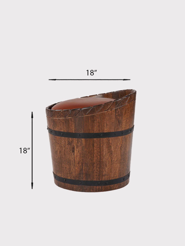 The Cask Hideaway – Round Mango Wood Storage Ottoman with Leather Cushion