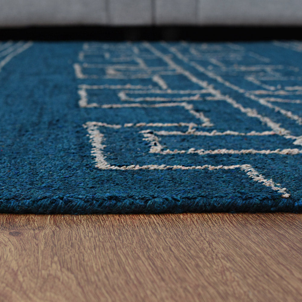 Hand Knotted Loom Silk Mix Area Rug Geometric Blue Beige