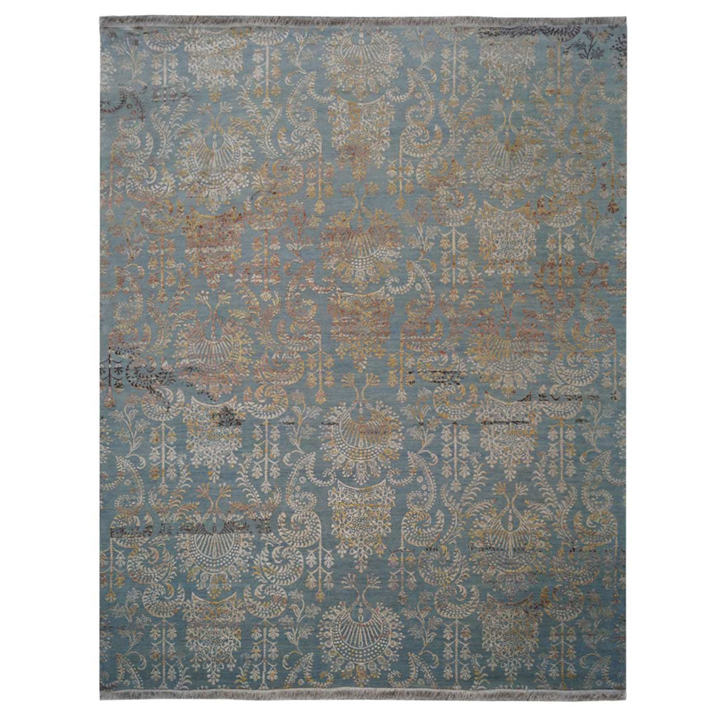 Hand Knotted Persian Silk And Wool Area Rug Contemporary Blue