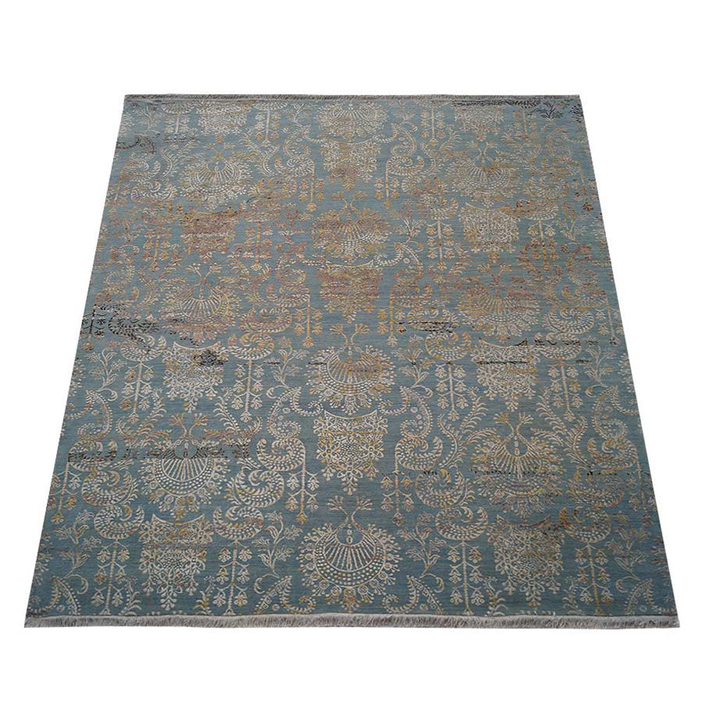 Hand Knotted Persian Silk And Wool Area Rug Contemporary Blue