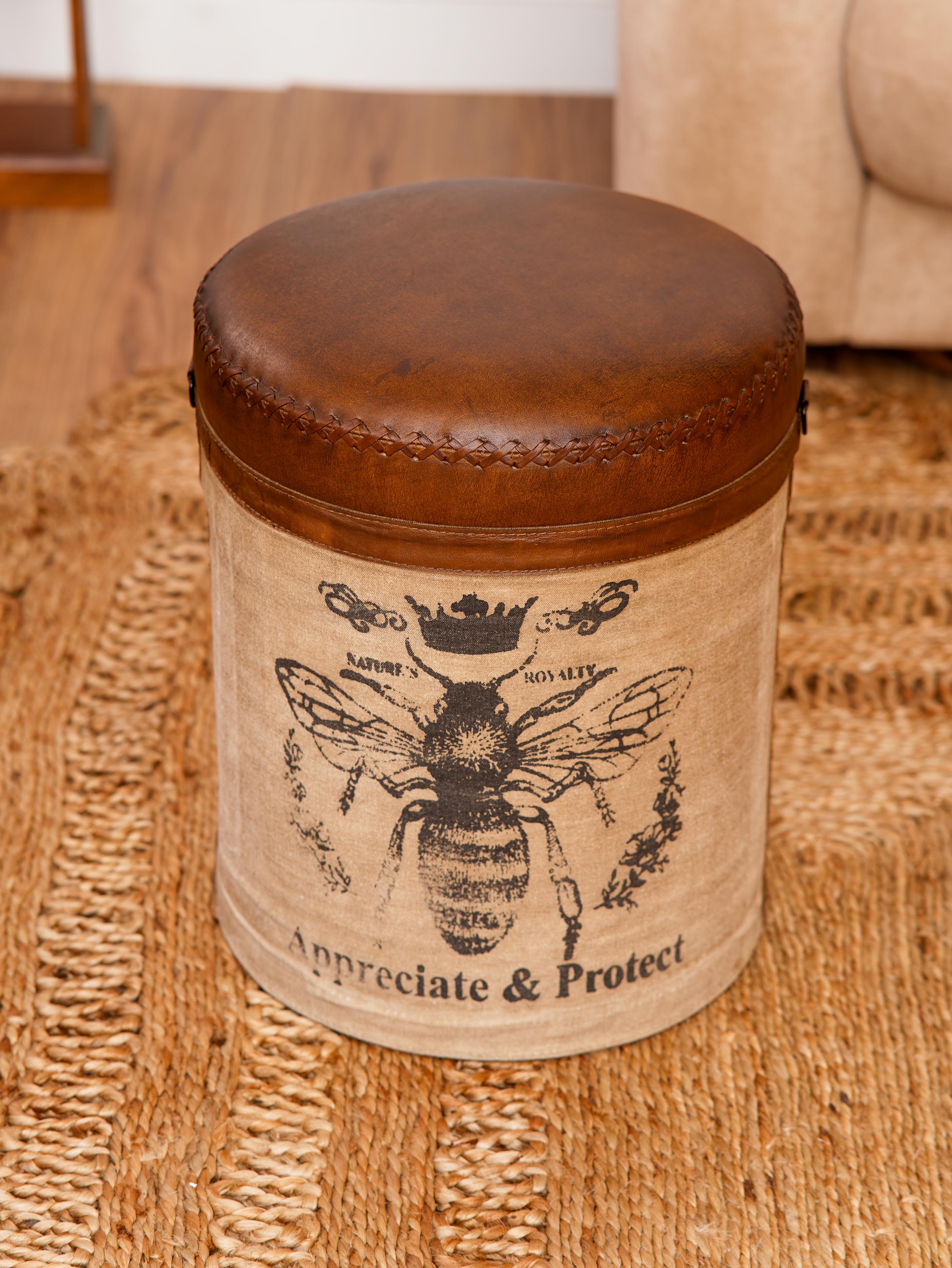 The Pollinator Ottoman – Round Upcycled Tin Base | Canvas & Leather Upholstery | Artisan Accent Seat
