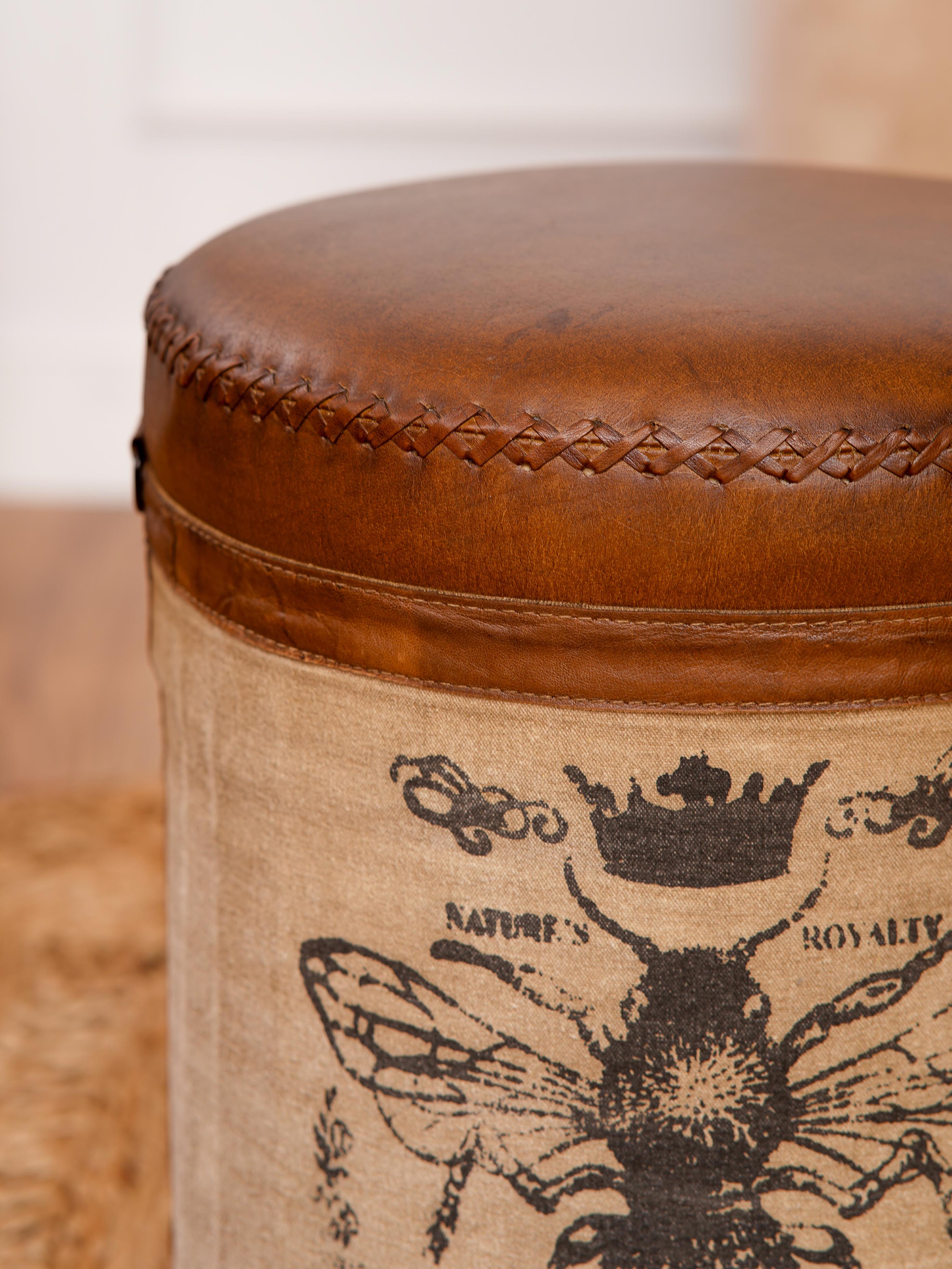 The Pollinator Ottoman – Round Upcycled Tin Base | Canvas & Leather Upholstery | Artisan Accent Seat