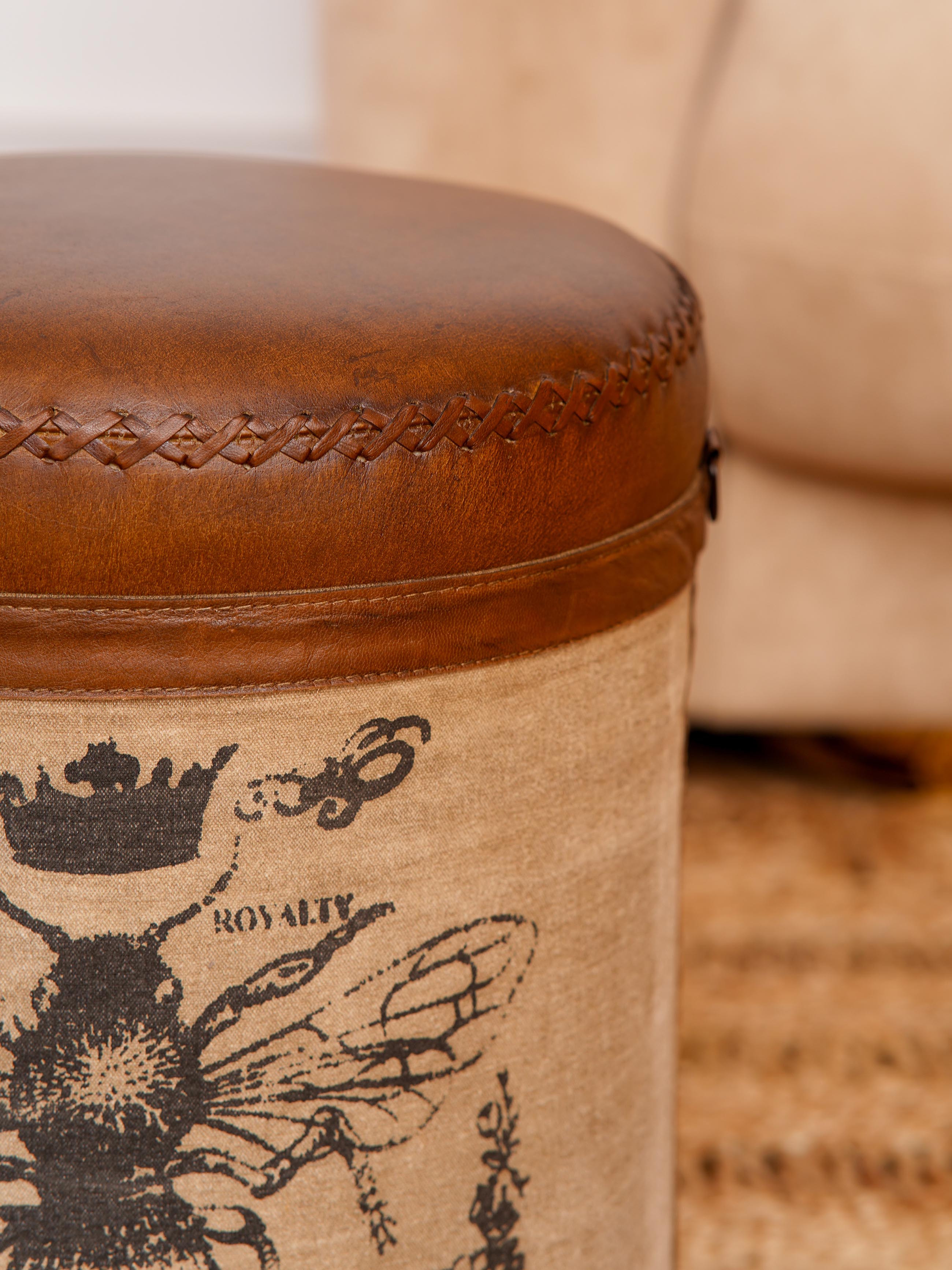 The Pollinator Ottoman – Round Upcycled Tin Base | Canvas & Leather Upholstery | Artisan Accent Seat