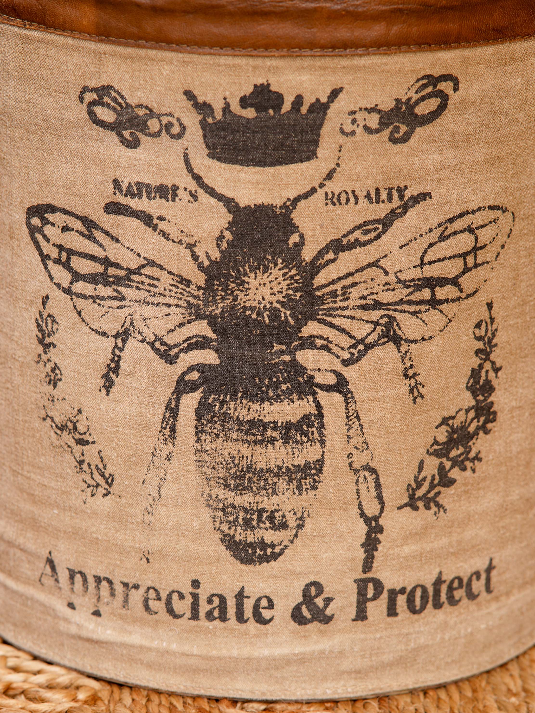 “Appreciate & Protect” bee graphic on canvas ottoman panel