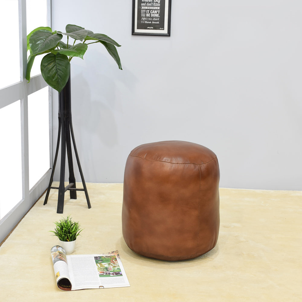 Handmade Buffalo Leather Pouf – Multiple Sizes & Colors | Round or Square | Filled