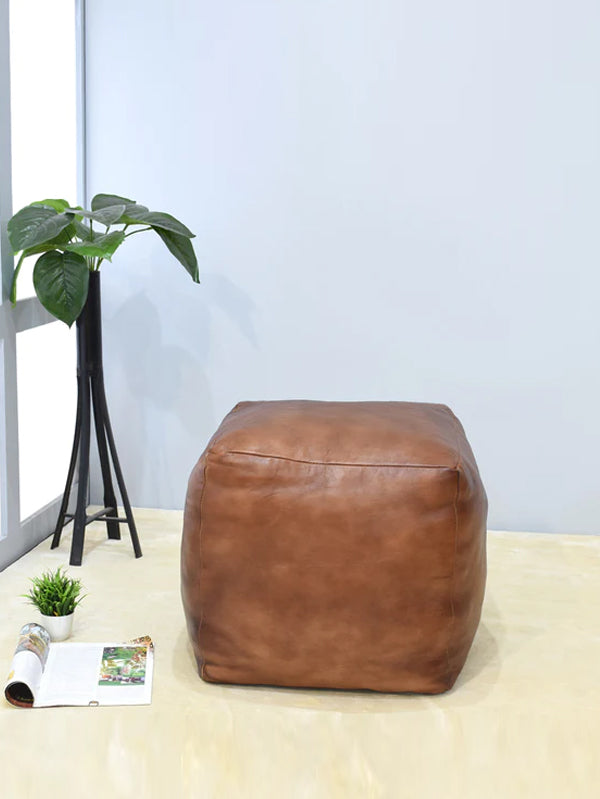 Handmade Buffalo Leather Pouf – Multiple Sizes & Colors | Round or Square | Filled