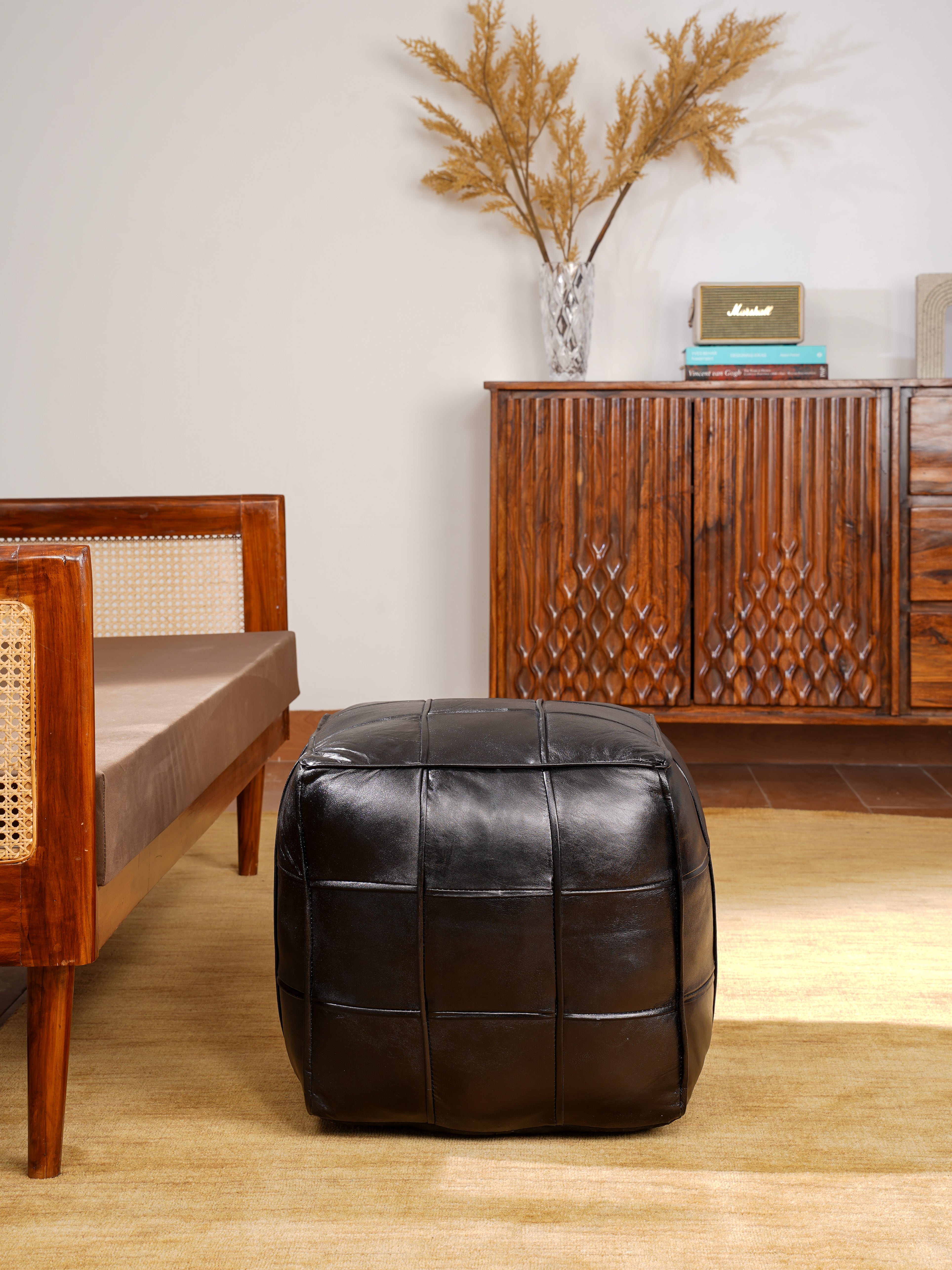 Square Leather Pouf – Handmade Ottoman | Filled | Modern Accent | Jet Black & Vintage Blue