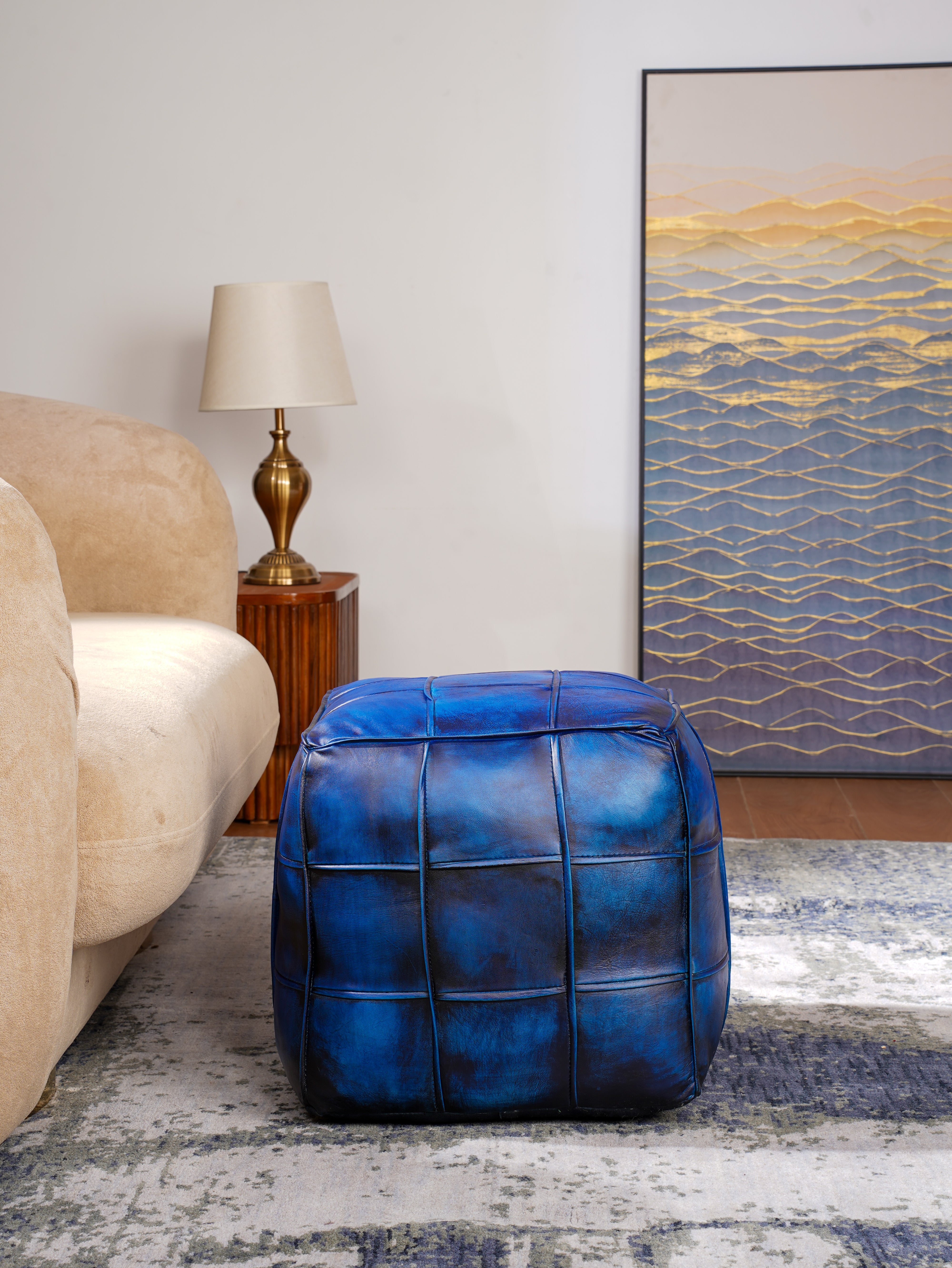 Square Leather Pouf – Handmade Ottoman | Filled | Modern Accent | Jet Black & Vintage Blue