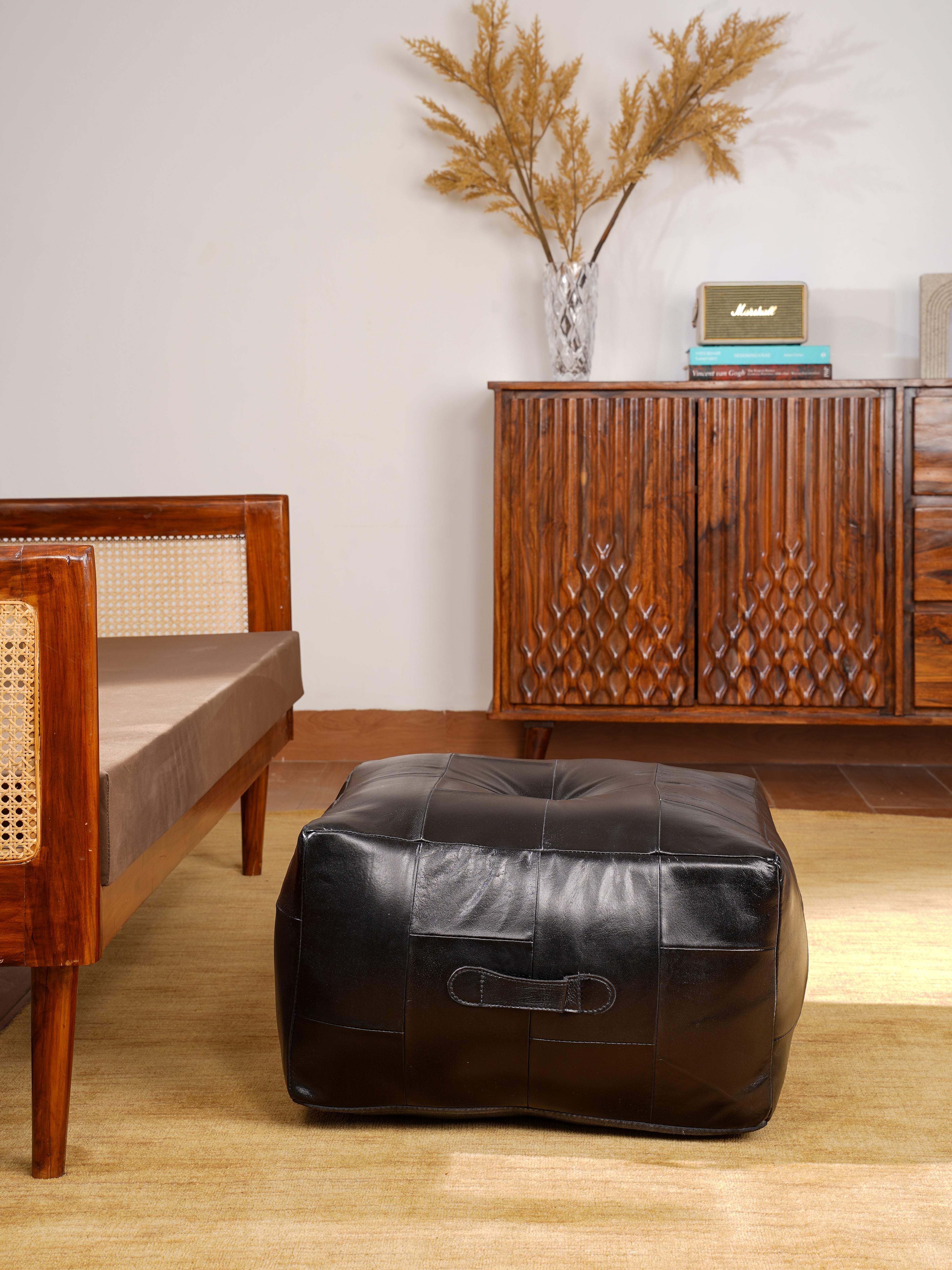 Square Buffalo Leather Pouf – Metropolitan Luxe Ottoman | Handmade | Black | Filled