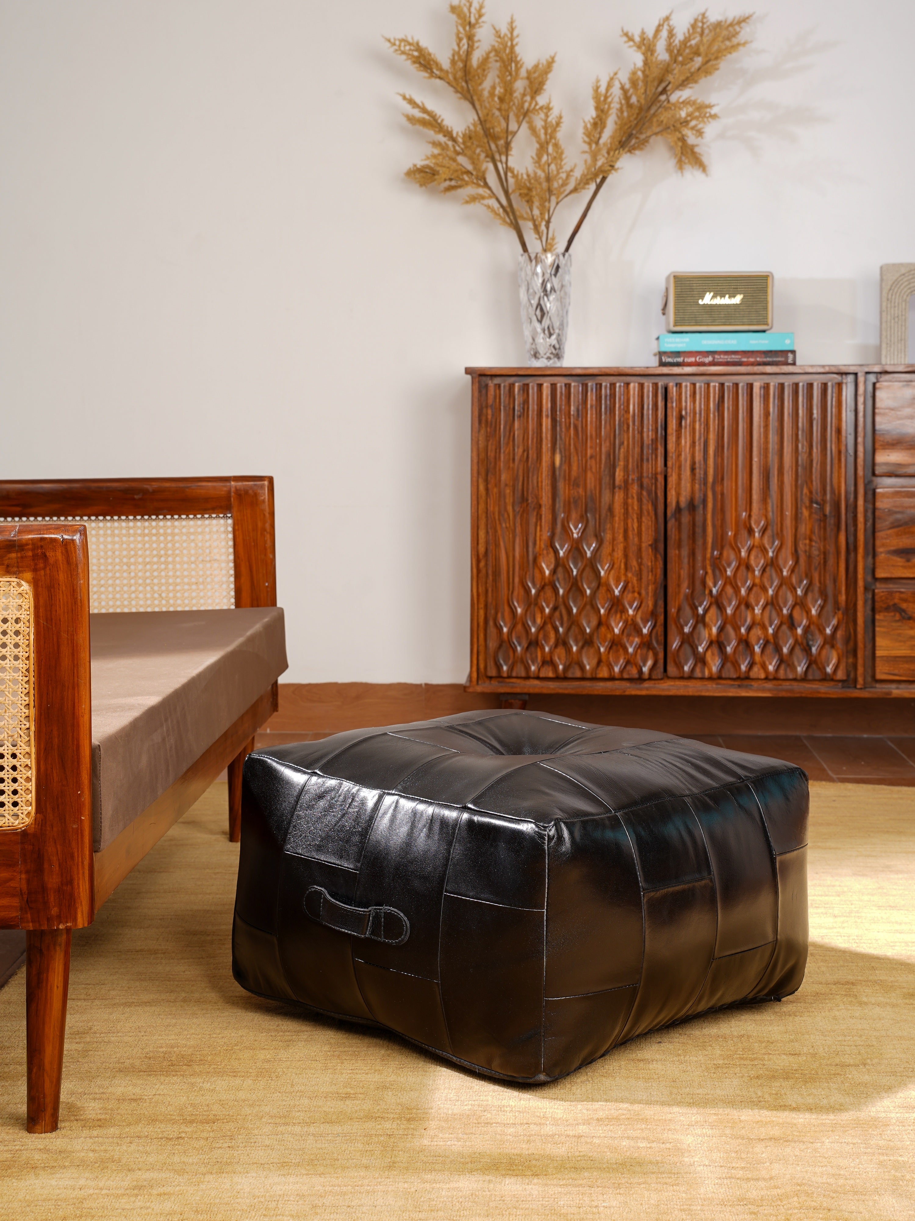 Square Buffalo Leather Pouf – Metropolitan Luxe Ottoman | Handmade | Black | Filled