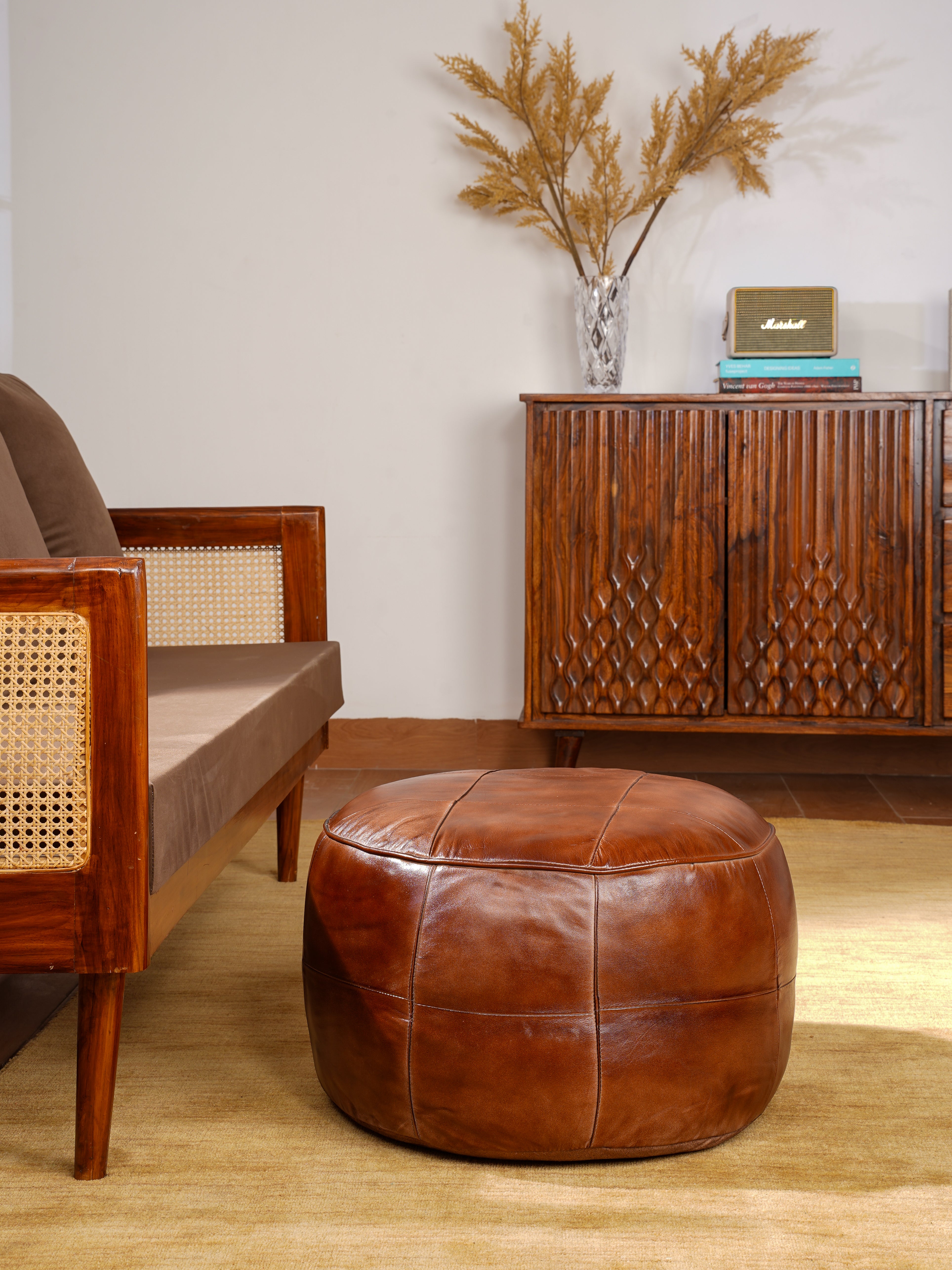 Cognac Round Leather Pouf