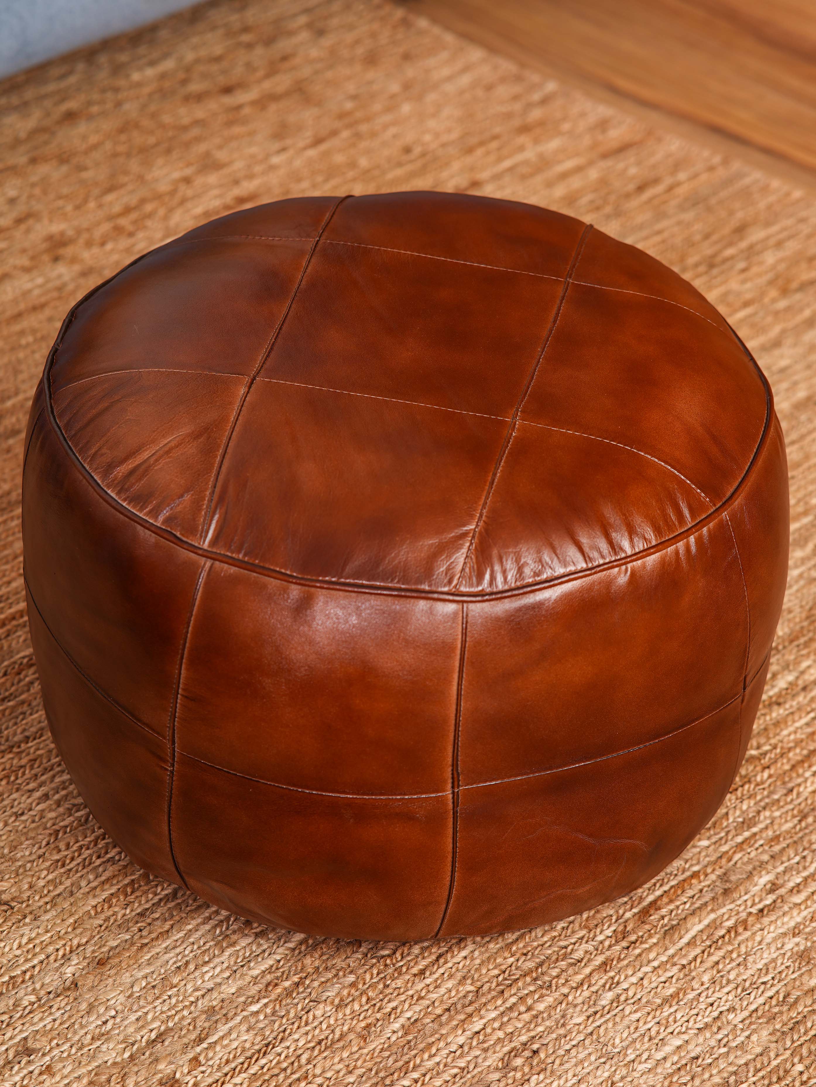 Cognac Round Leather Pouf