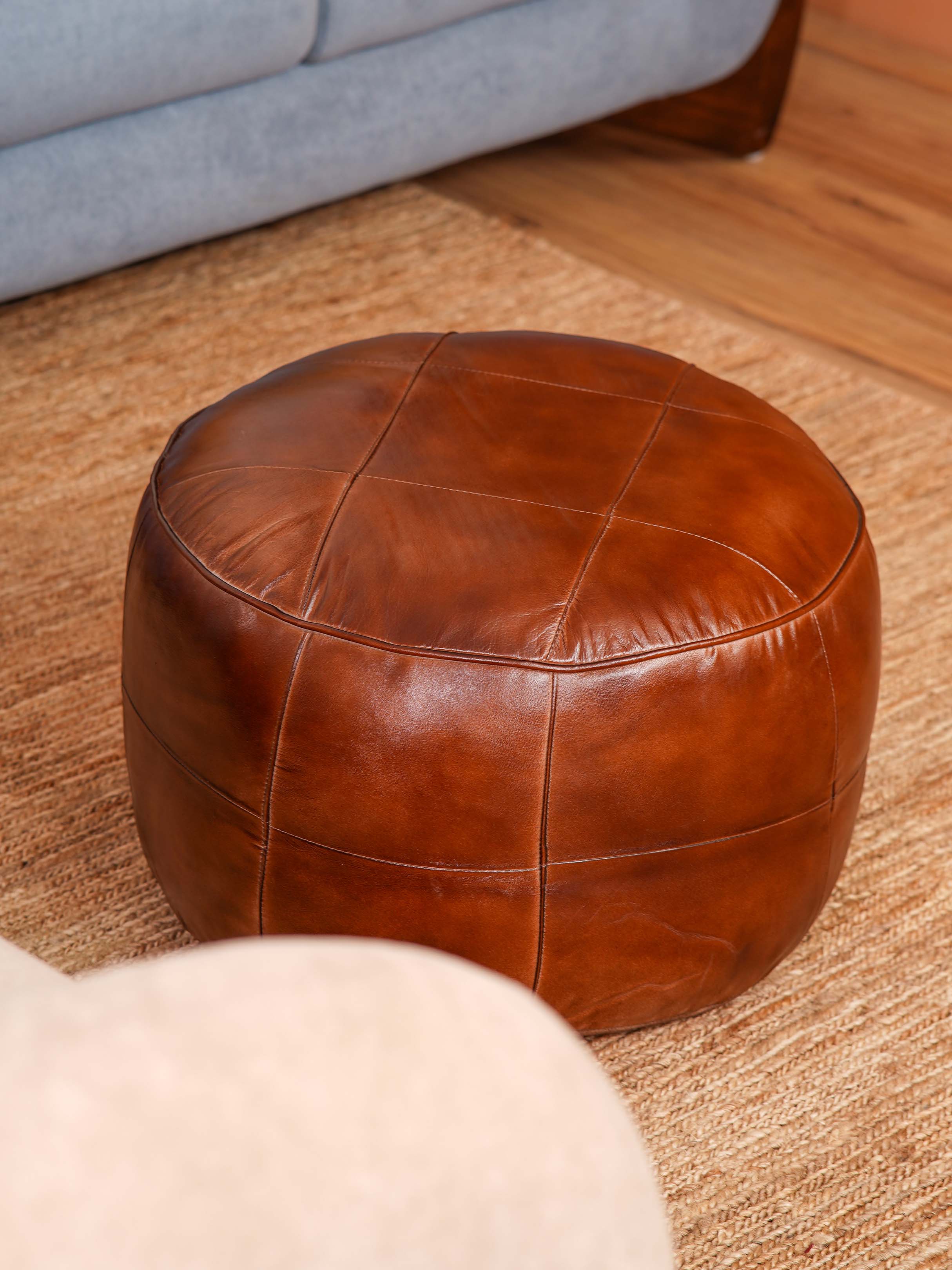 Cognac Round Leather Pouf