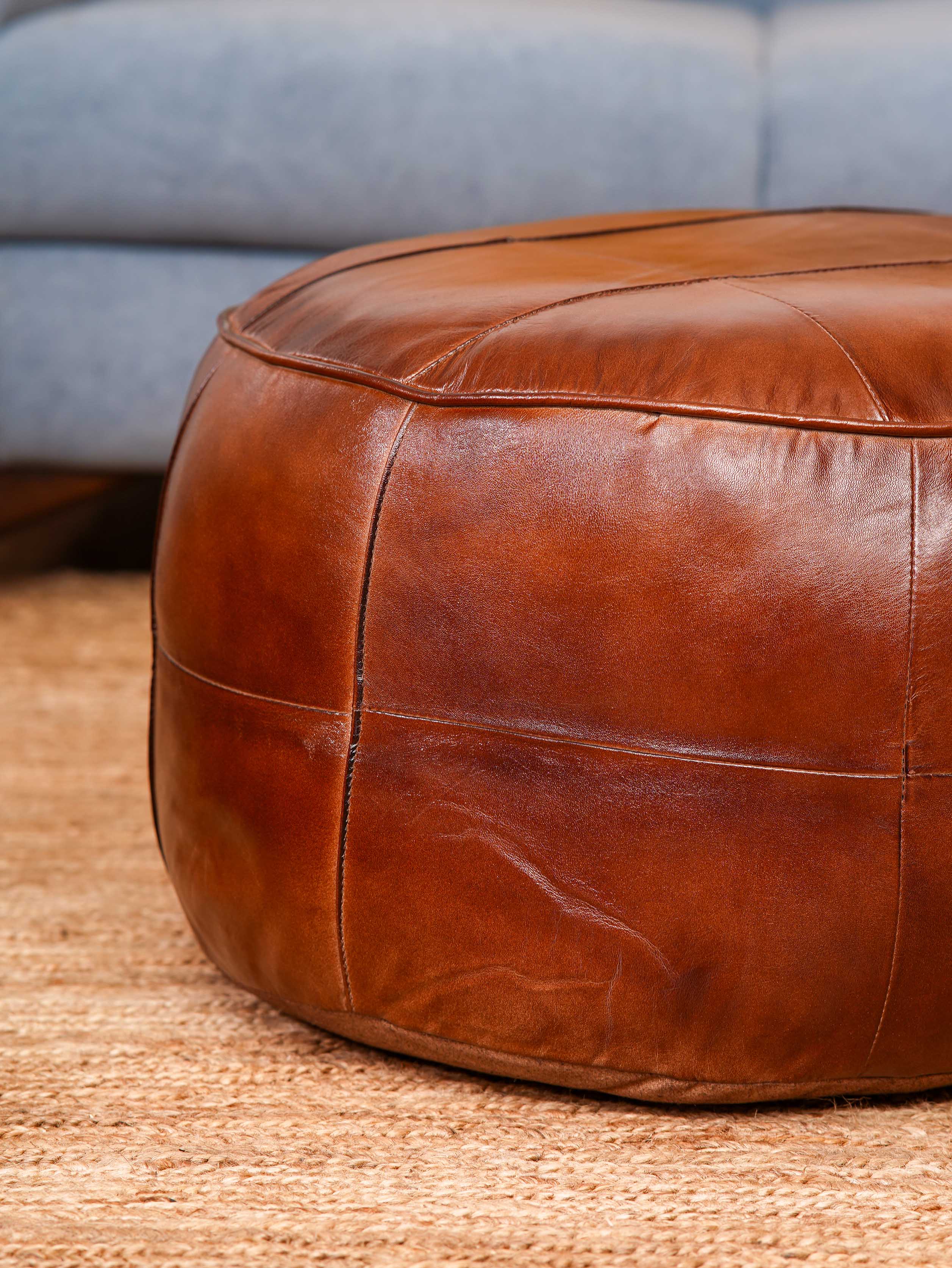 Cognac Round Leather Pouf