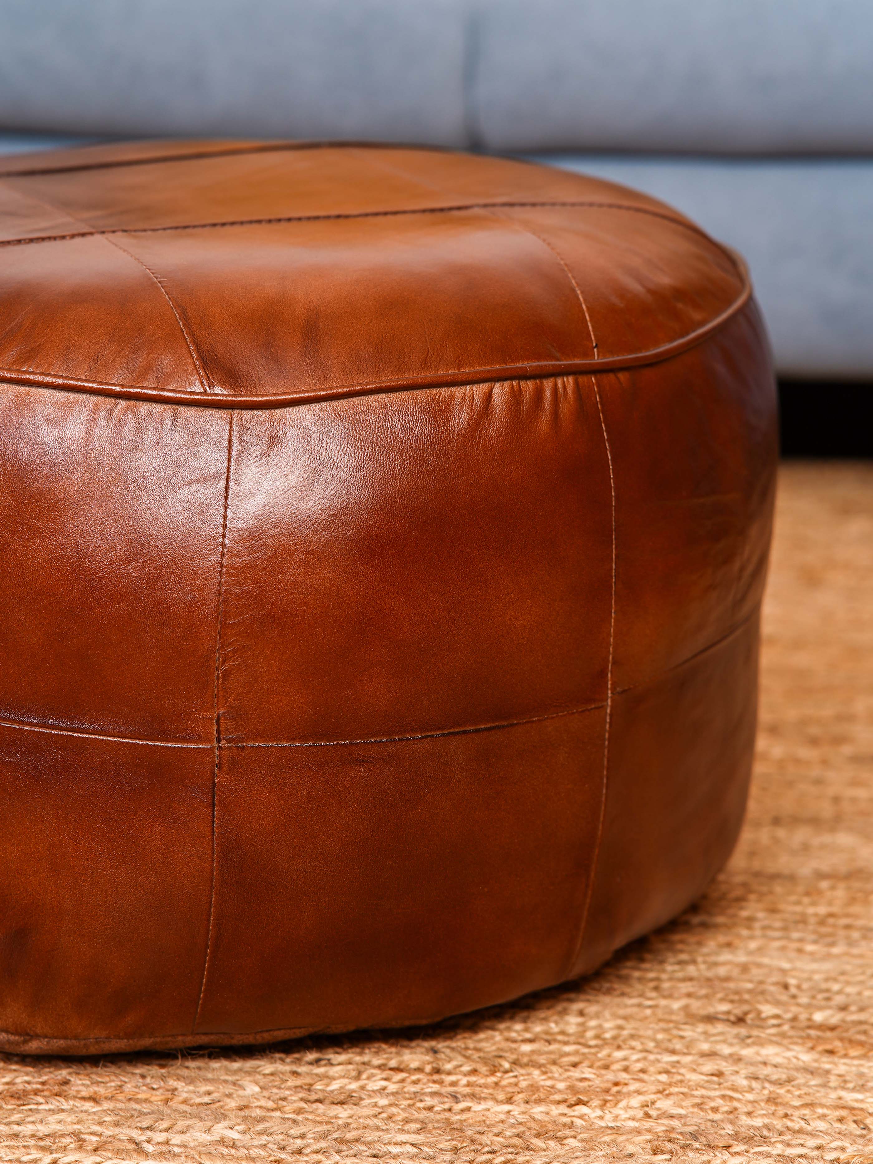 Cognac Round Leather Pouf