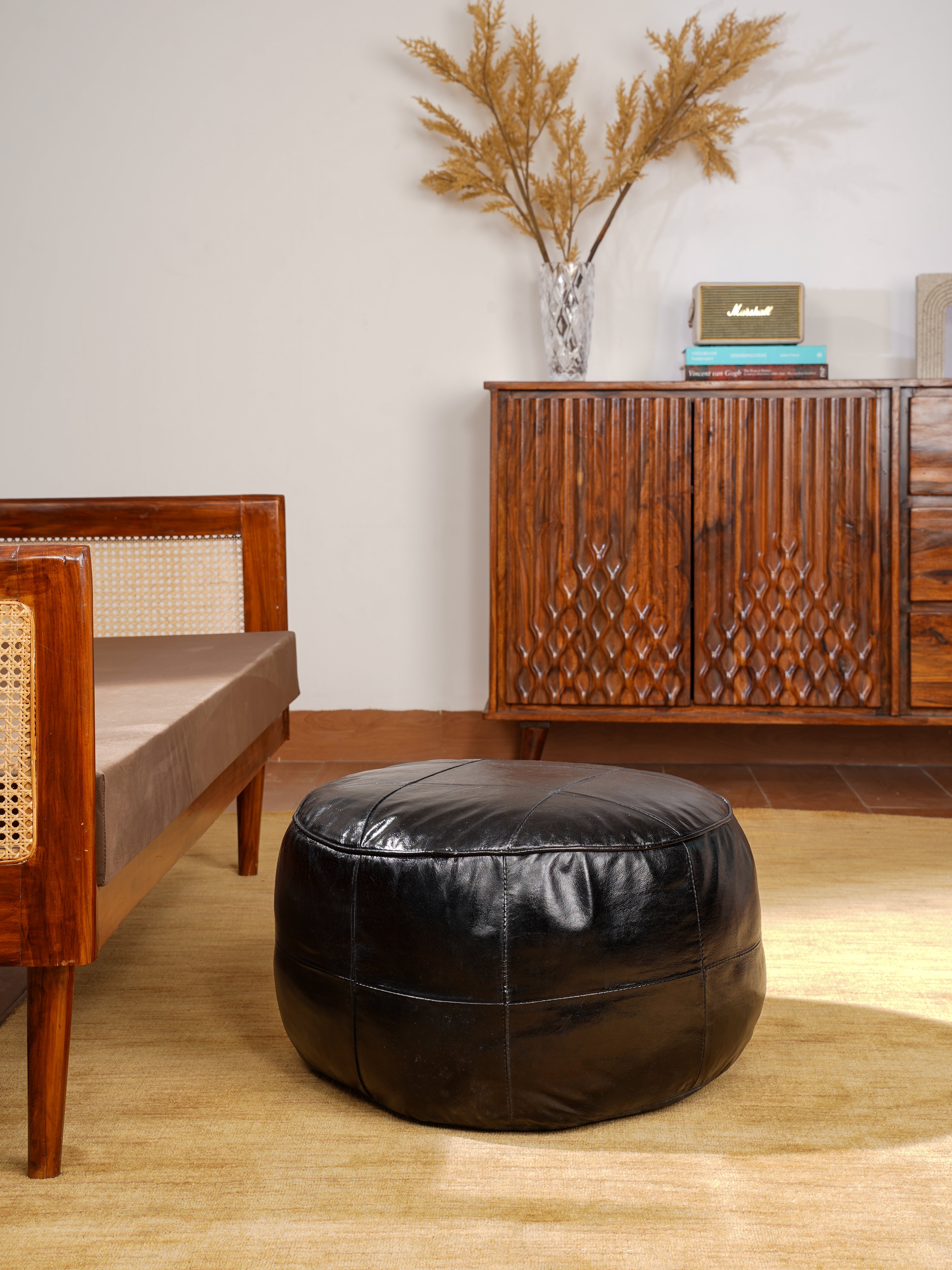 Terracotta Tuffet Round Leather Pouf – Handmade Ottoman | Cognac Brown | Filled | Buffalo Leather