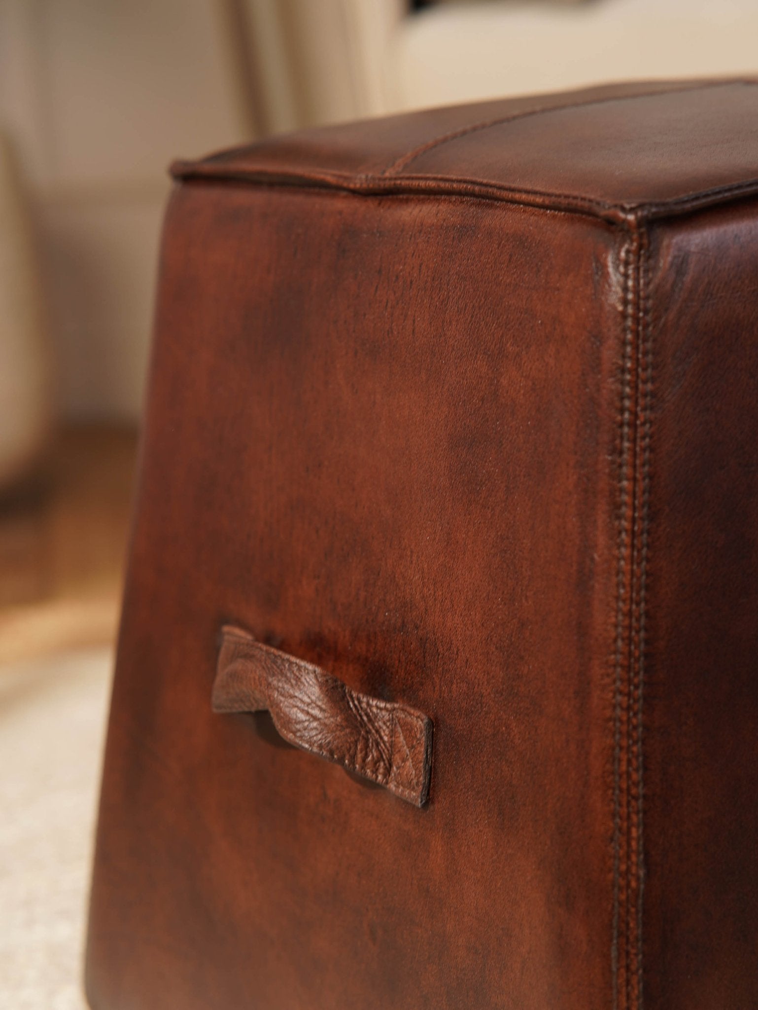 Bronson Ottoman – Handcrafted Buffalo Leather Pouf | Dark Brown | Wood - Framed - BBH HOMES LLC