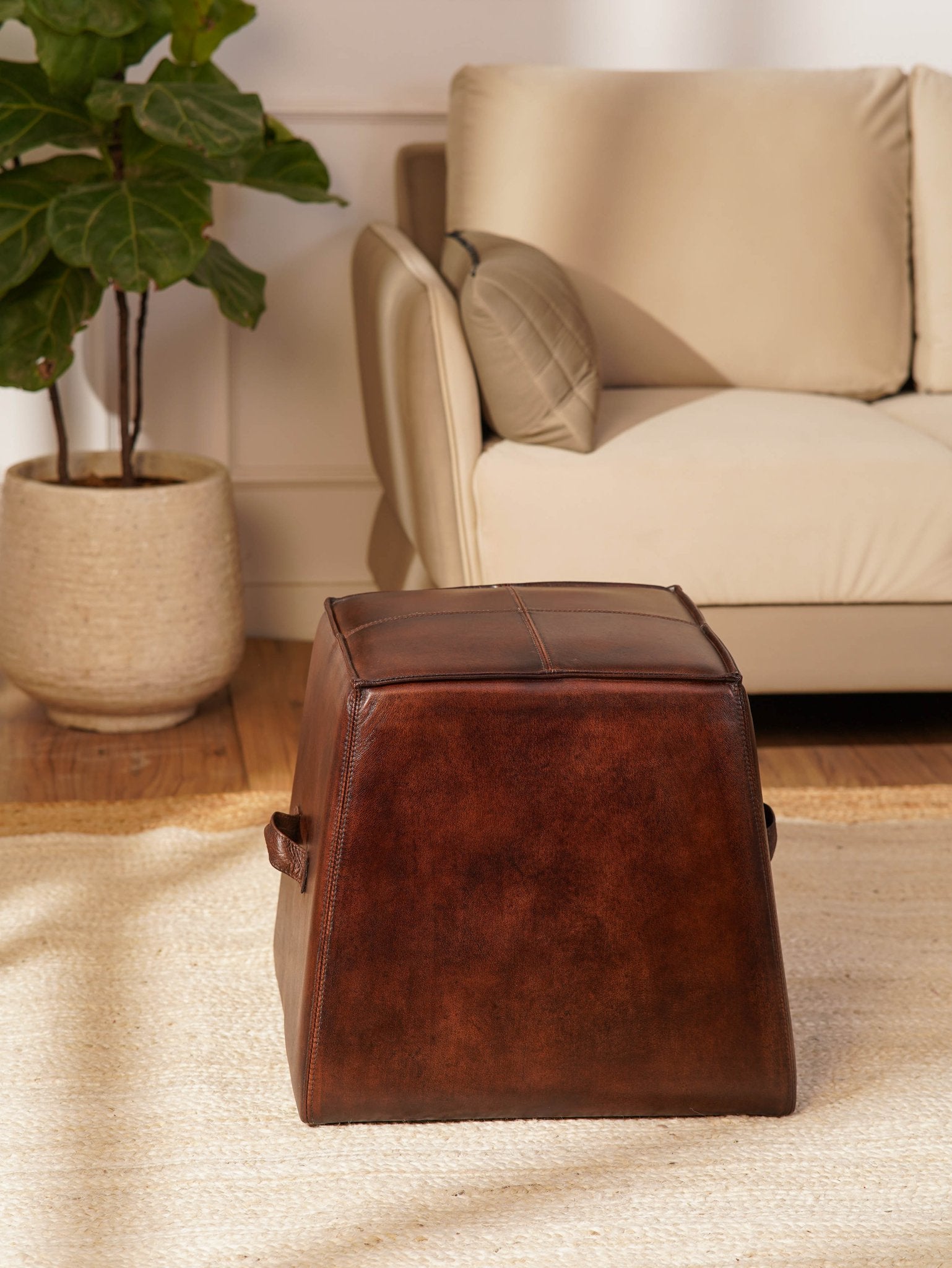 Bronson Ottoman – Handcrafted Buffalo Leather Pouf | Dark Brown | Wood - Framed - BBH HOMES LLC