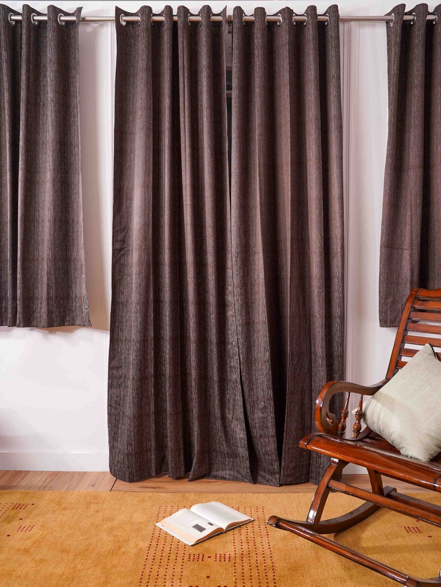 Dark Brown Curtain - Poly Cotton Jacquard Fabric, Plain Solid Texture, Set of 2 Panels - BBH HOMES LLC