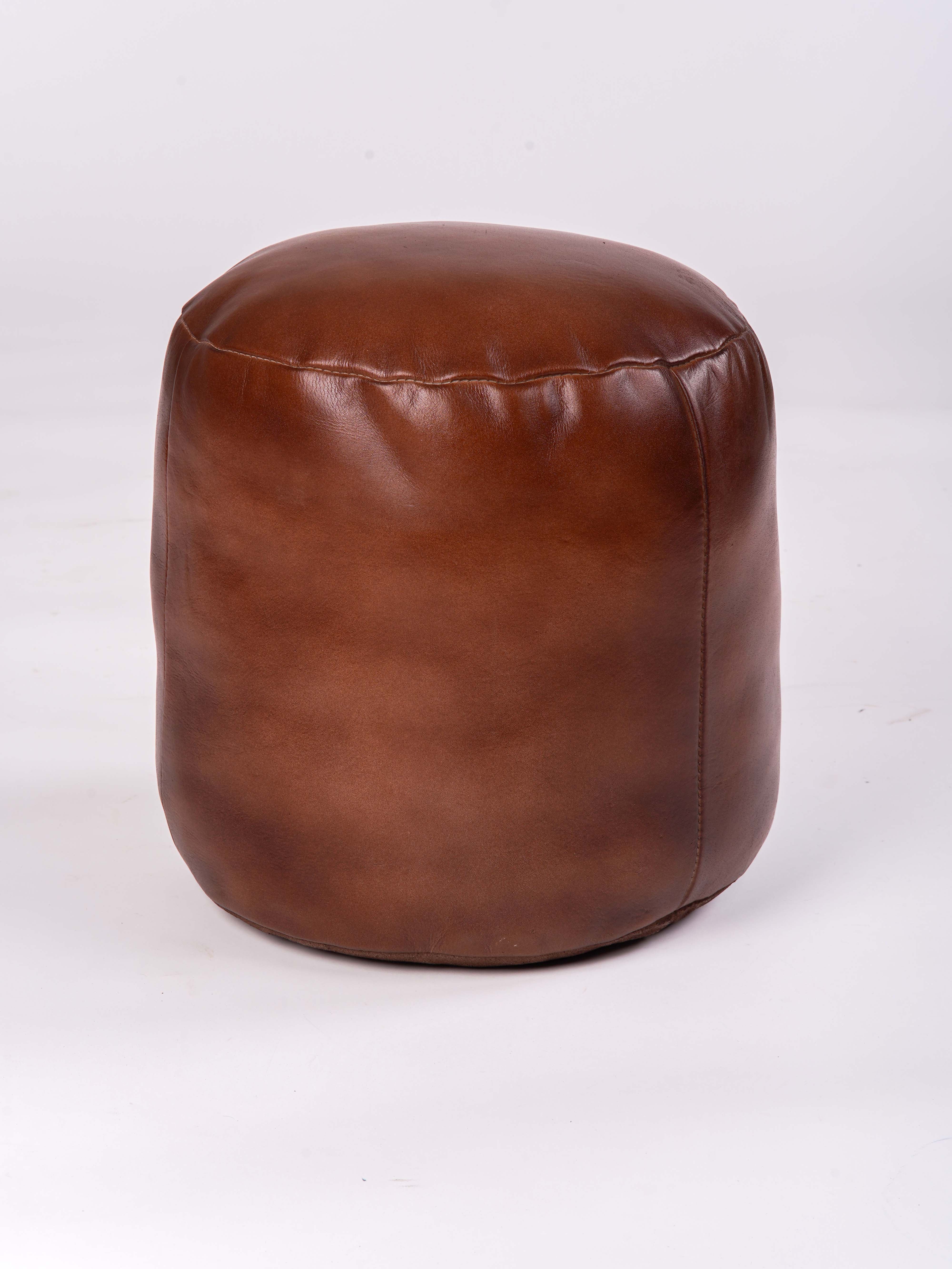 Handmade Buffalo Leather Pouf – Multiple Sizes & Colors | Round or Square | Filled