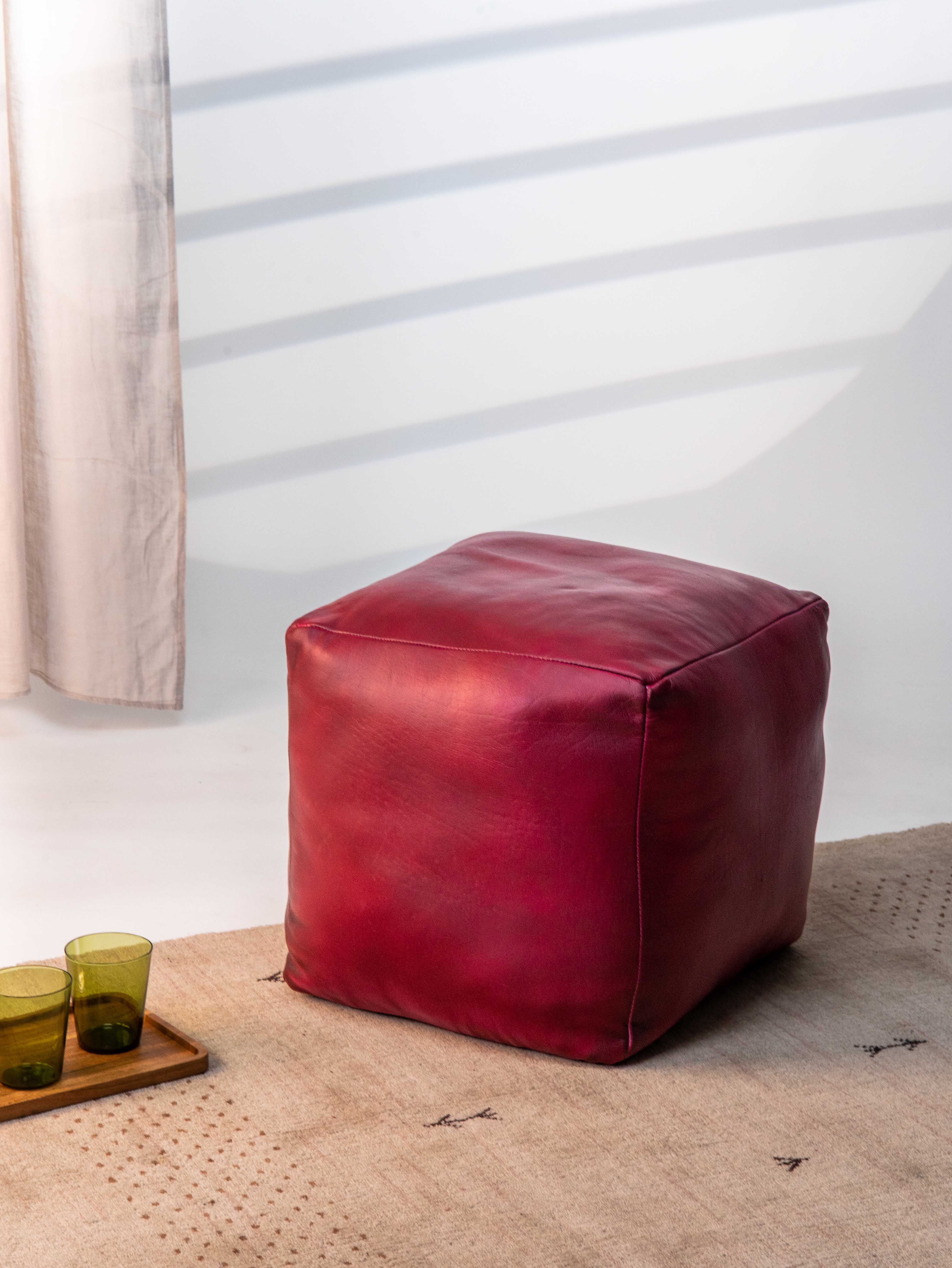 Handmade Buffalo Leather Pouf – Multiple Sizes & Colors | Round or Square | Filled
