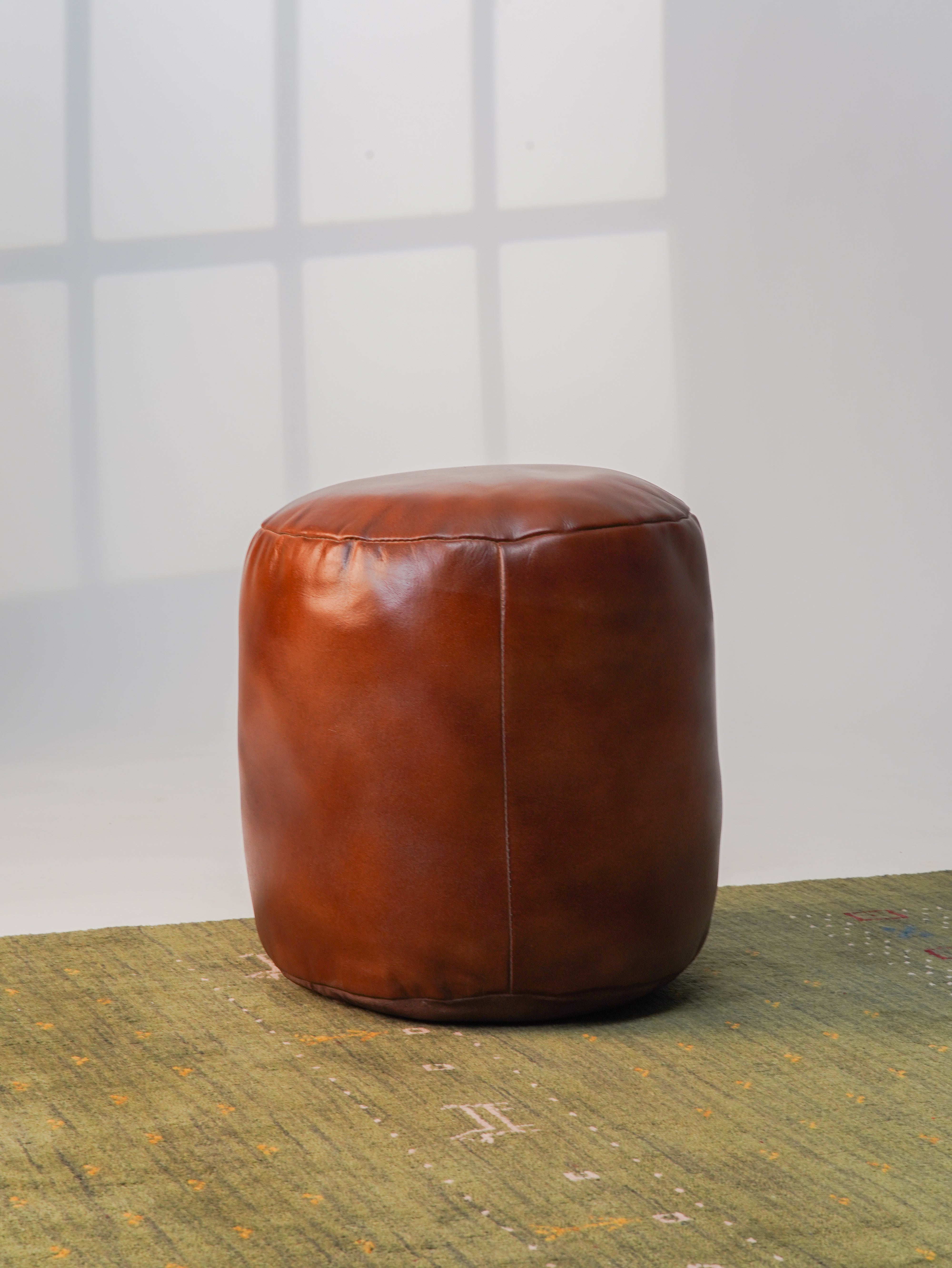 Handmade Buffalo Leather Pouf – Multiple Sizes & Colors | Round or Square | Filled