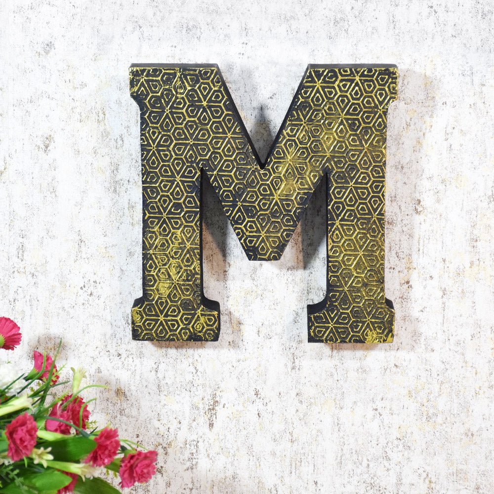Geometric Gold Accent Mango Wood Letter Block - BBH HOMES LLC