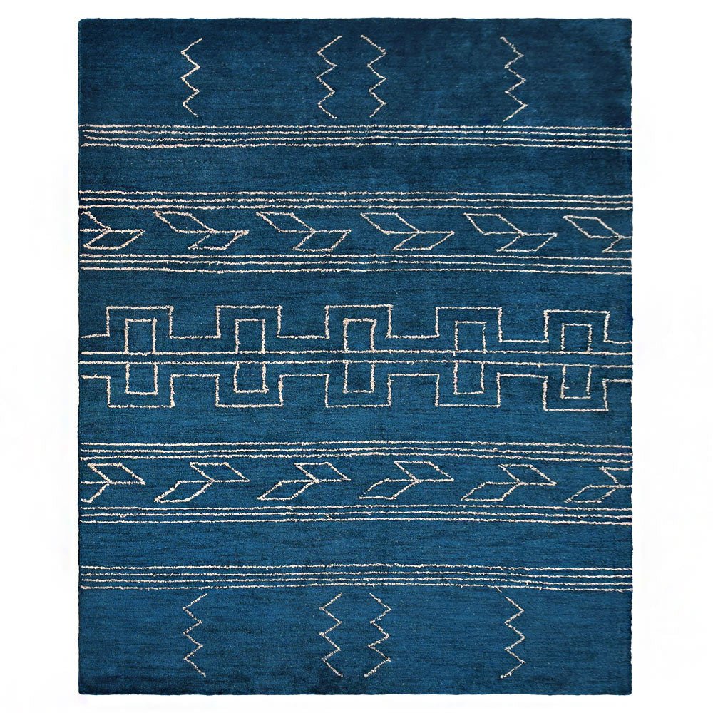 Hand Knotted Loom Silk Mix Area Rug Geometric Blue Beige - BBH HOMES LLC