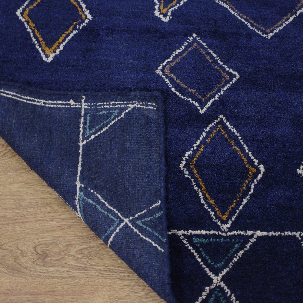 Hand Knotted Loom Silk Mix Area Rug Geometric Dark Blue White - BBH HOMES LLC