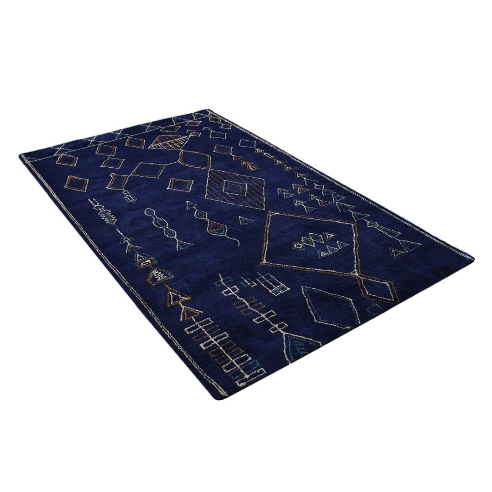 Hand Knotted Loom Silk Mix Area Rug Geometric Dark Blue White - BBH HOMES LLC
