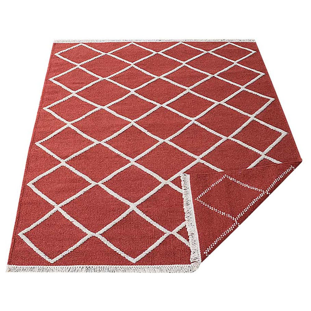 Hand Woven Flat Weave Kilim Wool Area Rug Geometric Red White - BBH HOMES LLC