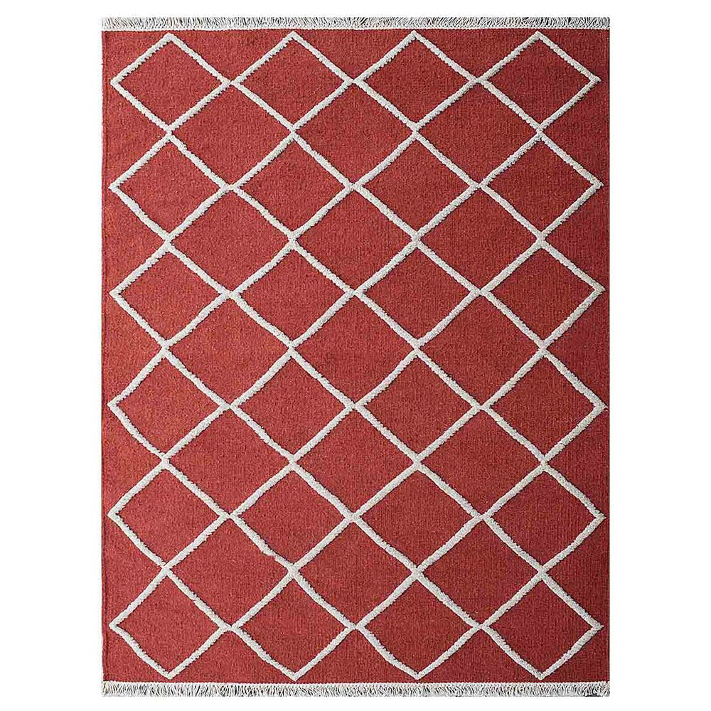 Hand Woven Flat Weave Kilim Wool Area Rug Geometric Red White - BBH HOMES LLC